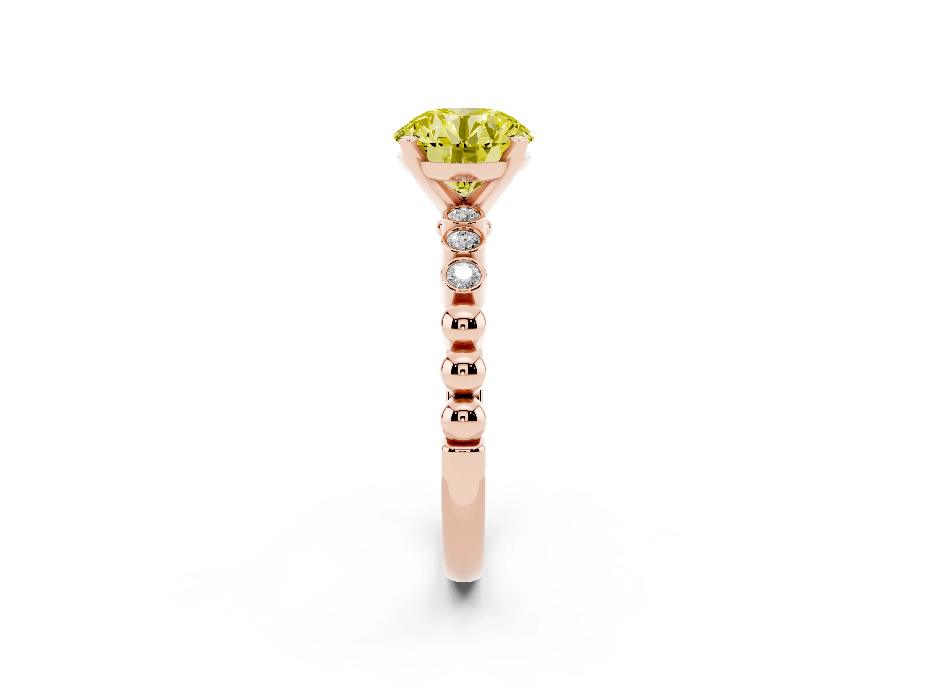 Fancy Yellow Round Cut Diamond Solitaire Engagement Ring Set in Rose gold with Bezel Accents on Beaded Band