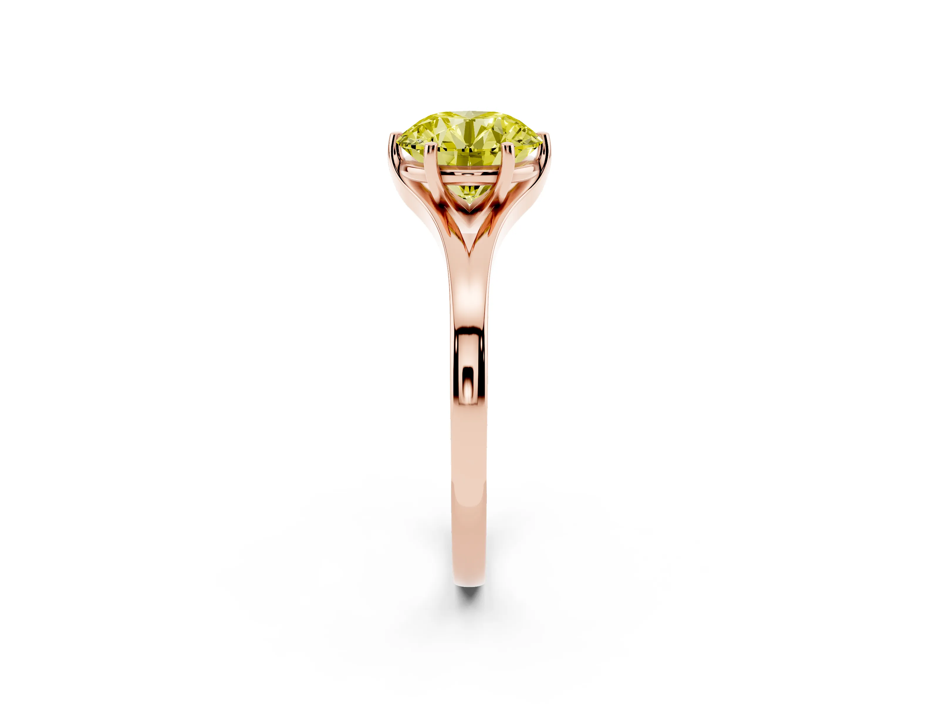 Fancy Yellow Round Cut Diamond Solitaire Ring Set in Rose gold with Polished Tapered Band and Prong Setting