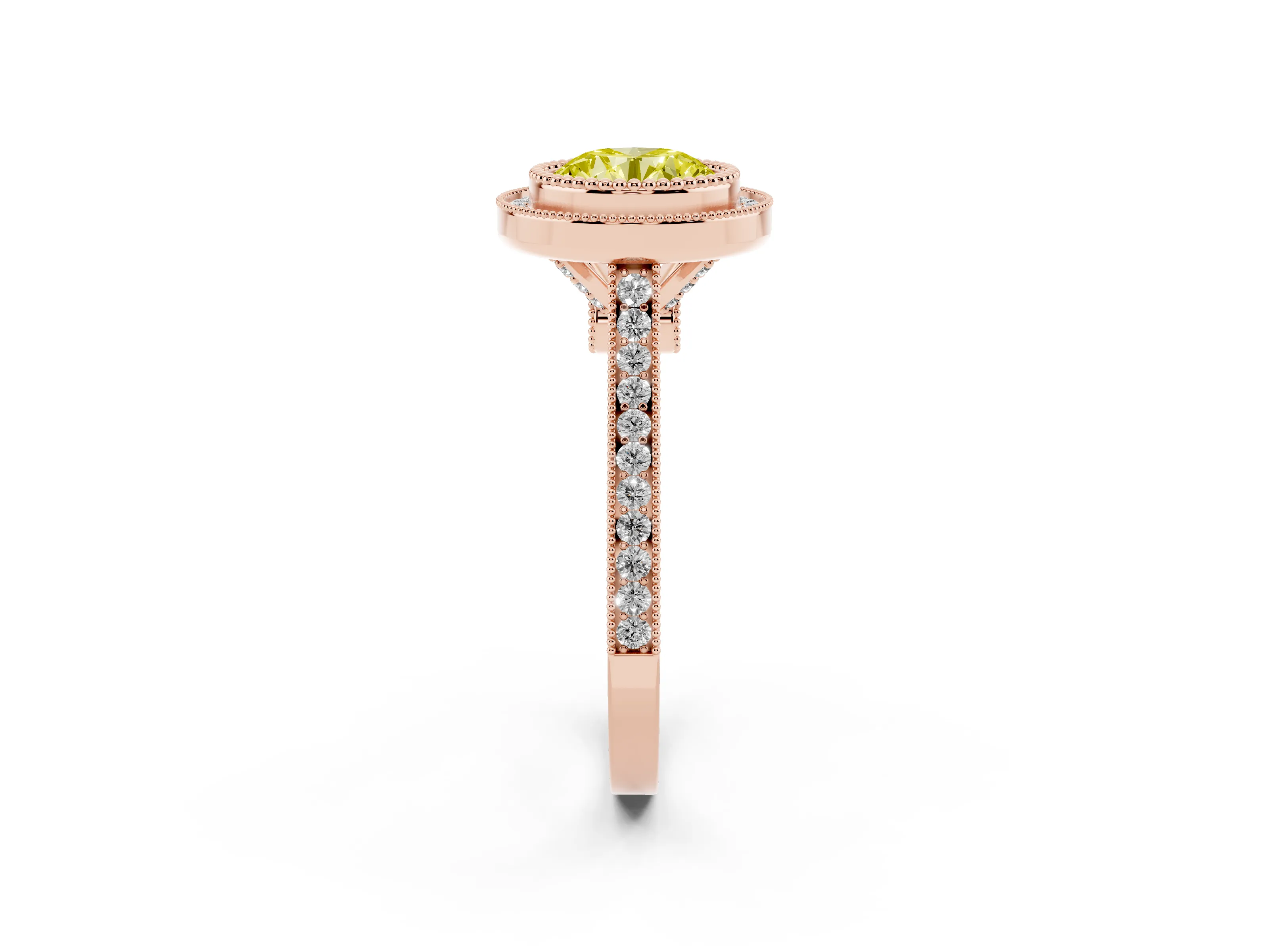 Fancy Yellow Round Cut Diamond Halo Ring Set in Rose gold with Milgrain Frame and Pavé Band