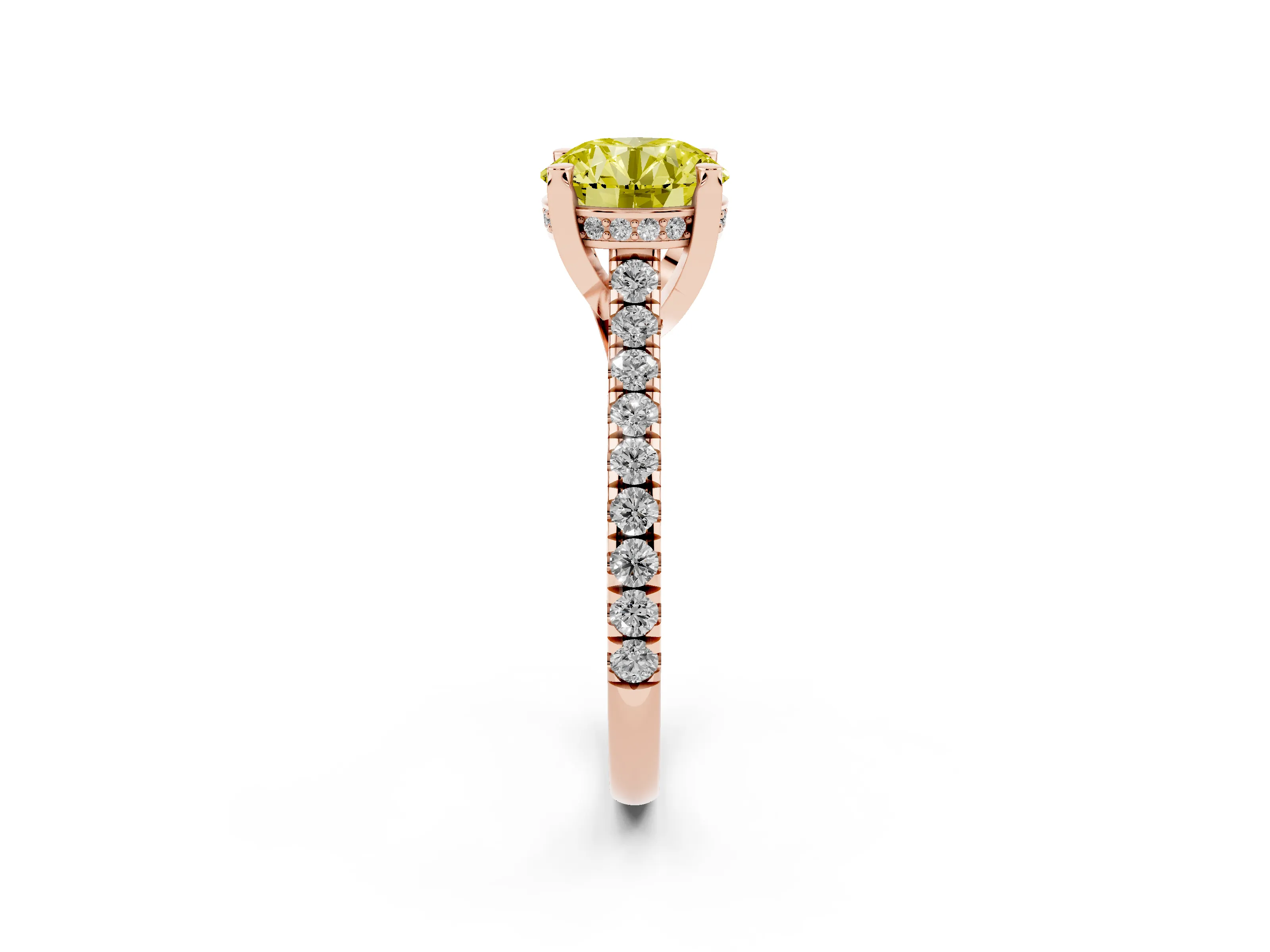 Fancy Yellow Round Cut Diamond Solitaire Ring Set in Rose gold with Brilliant Pavé Band and Prong Setting