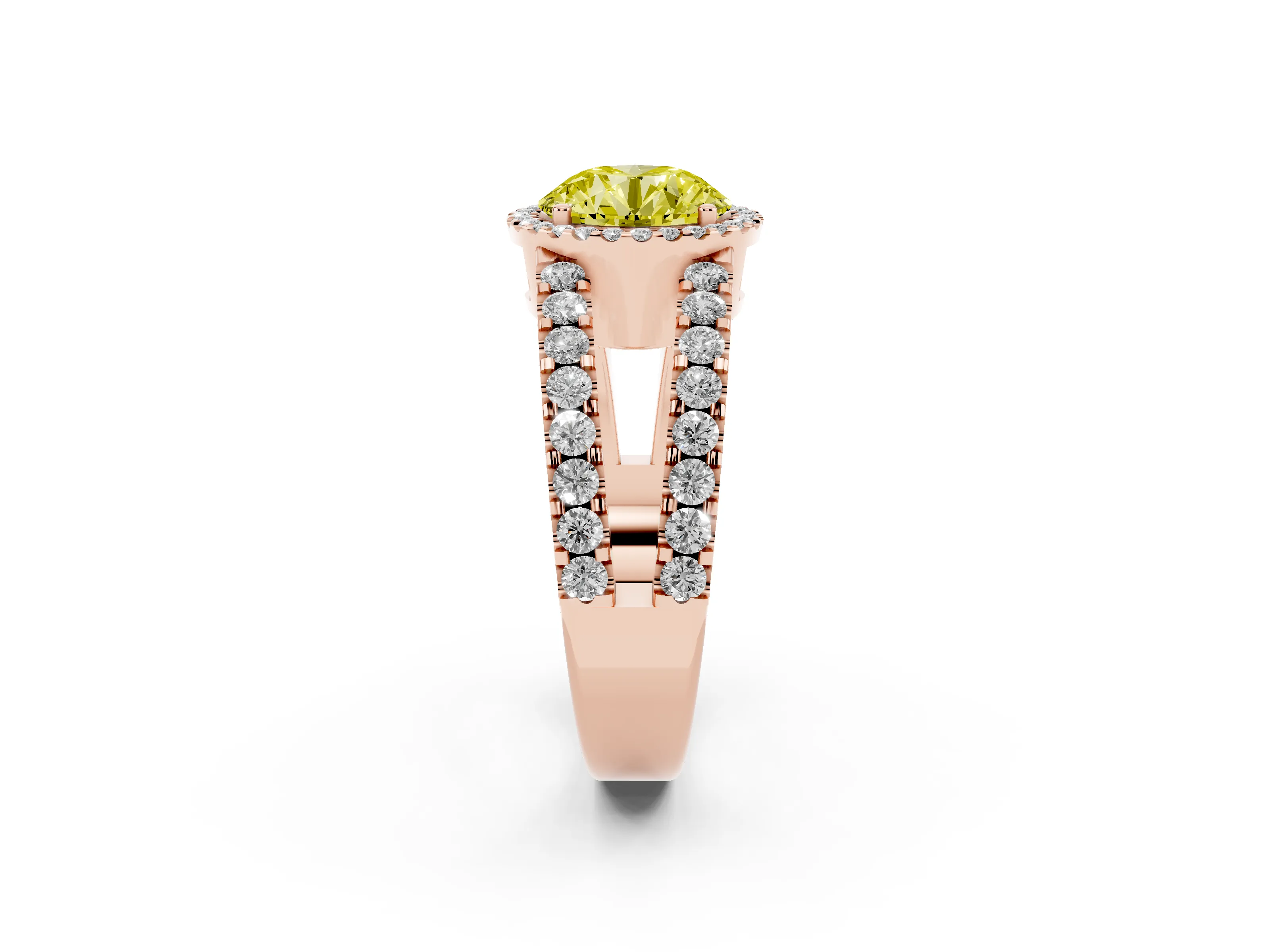 Fancy Yellow Round Cut Diamond Halo Ring Set in Rose gold with Pavé Split Shank and Prong Setting