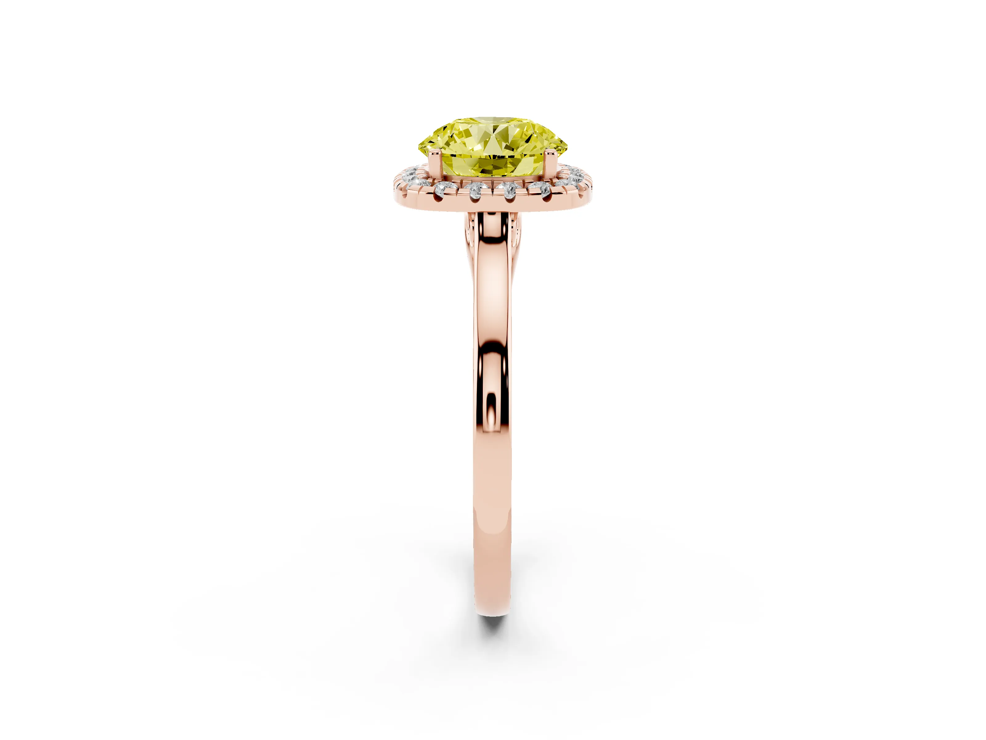 Fancy Yellow Round Cut Halo Round Diamond Solitaire Ring Set in Rose gold with Pavé Band and Prong Setting