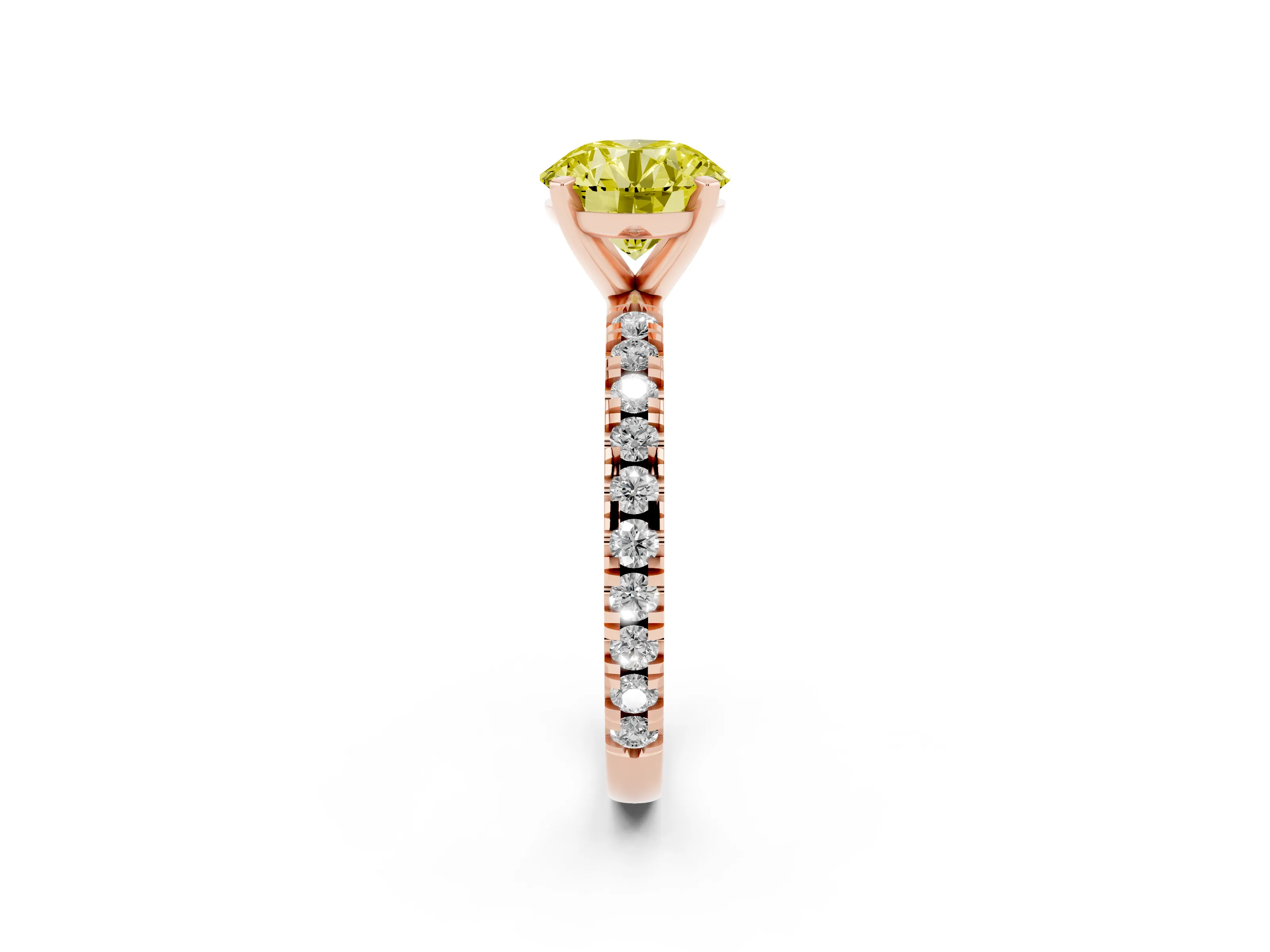 Fancy Yellow Round Cut Diamond Pavé Band Solitaire Set in Rose gold with Prong Setting