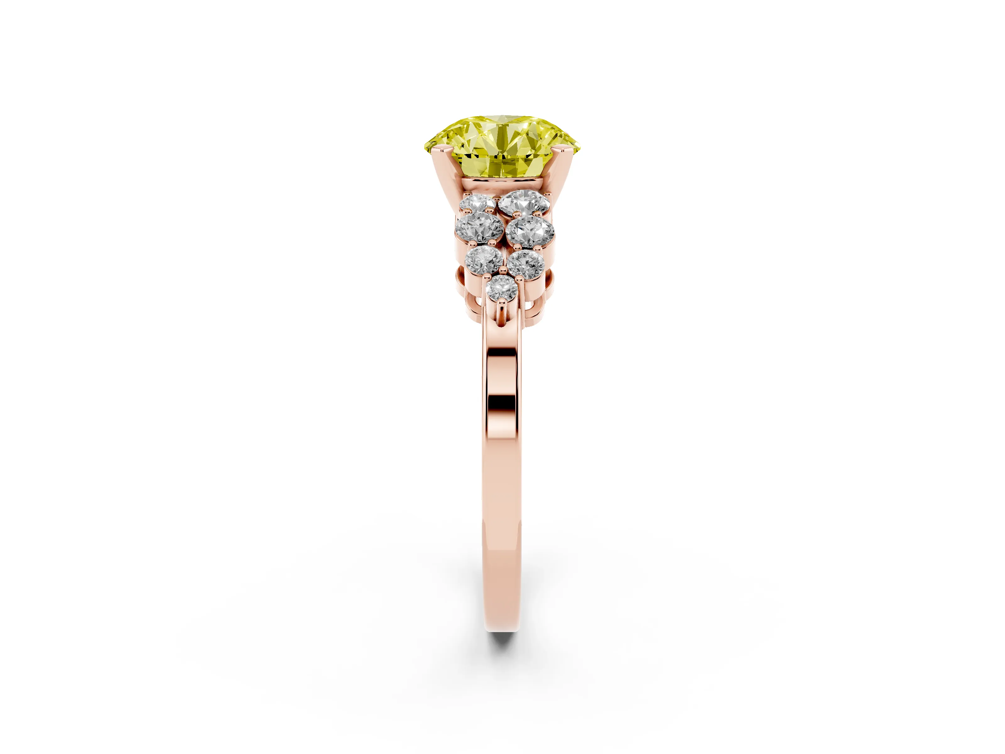 Fancy Yellow Round Cut Diamond Cluster Engagement Ring Set in Rose gold with Pavé Band and Prong Setting