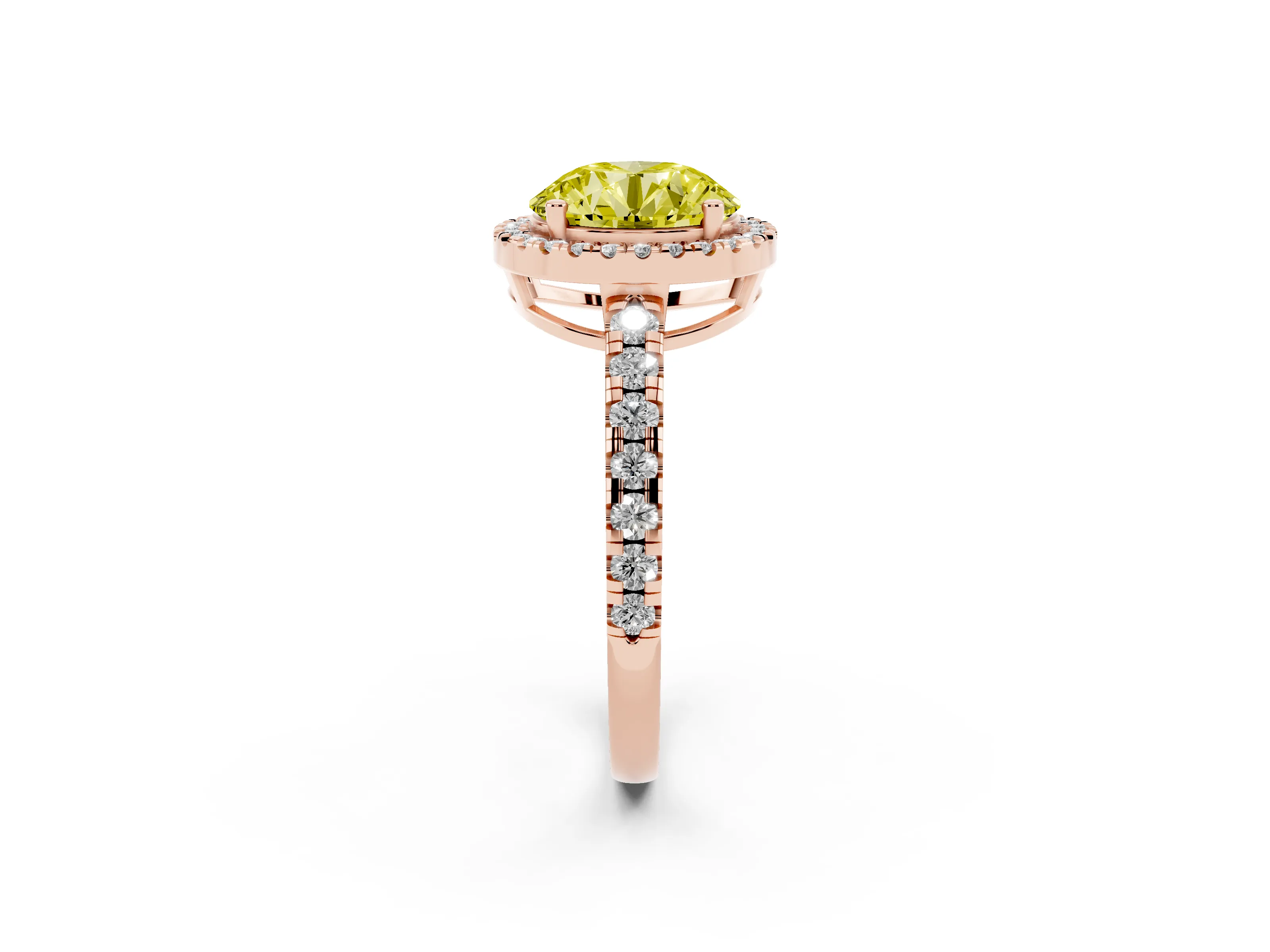 Fancy Yellow Round Cut Diamond Halo Ring Set in Rose gold with Delicate Pavé Band and Prong Setting