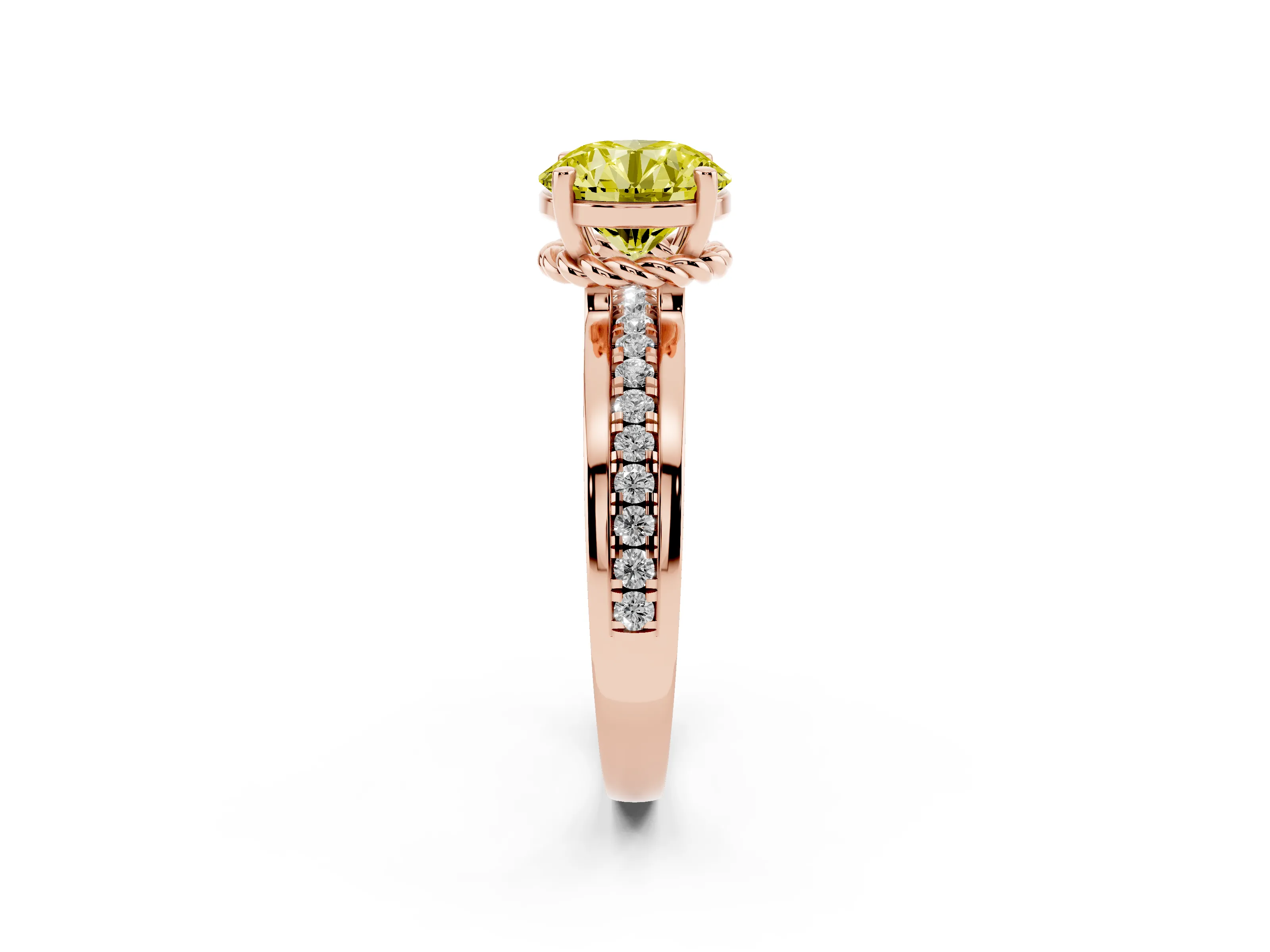 Fancy Yellow Round Cut Diamond Solitaire Ring Set in Rose gold with Channel Set Band and Prong Setting