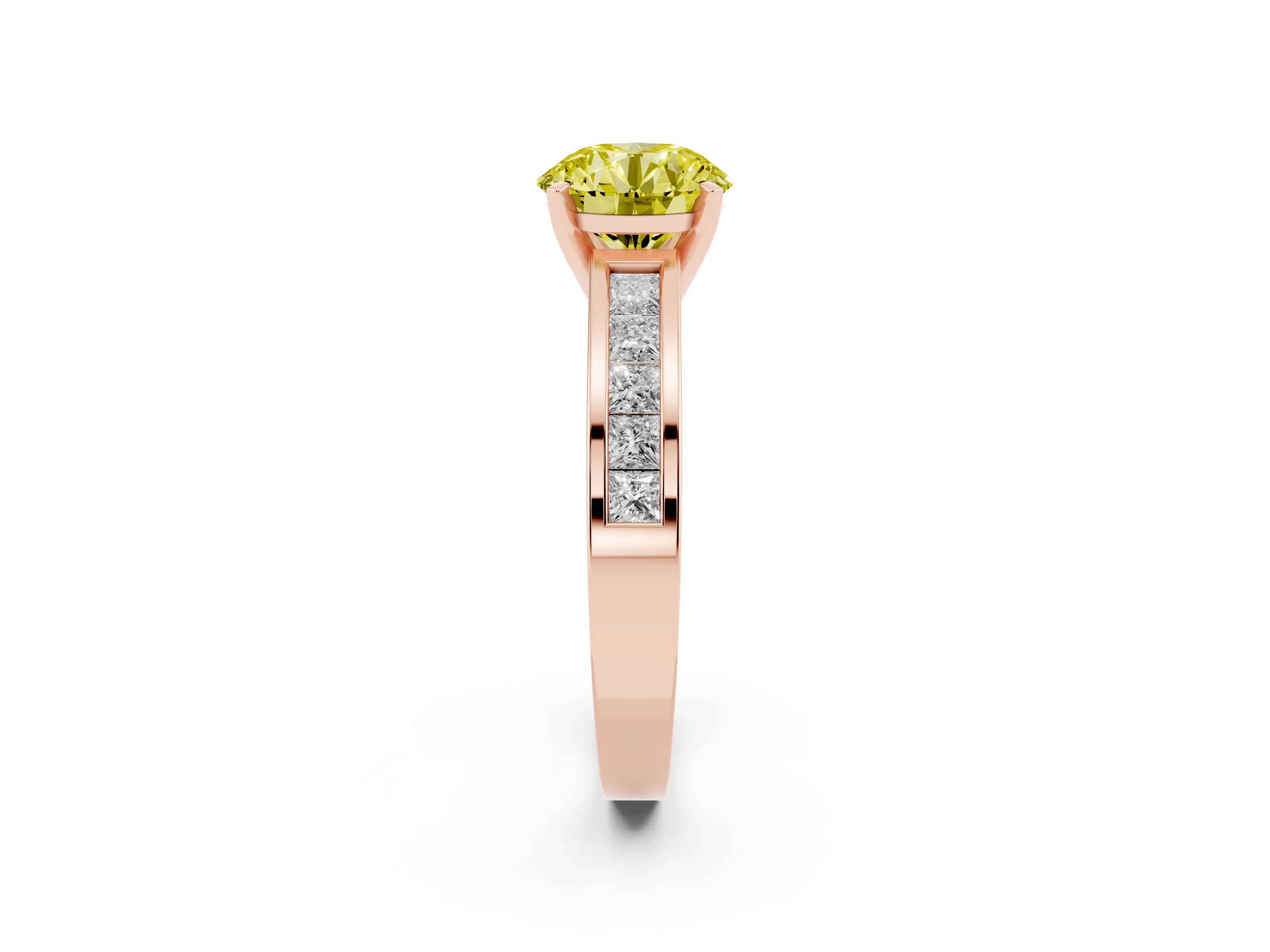 Fancy Yellow Round Cut Diamond Solitaire Ring Set in Rose gold with Channel-Set Band and Prong Setting
