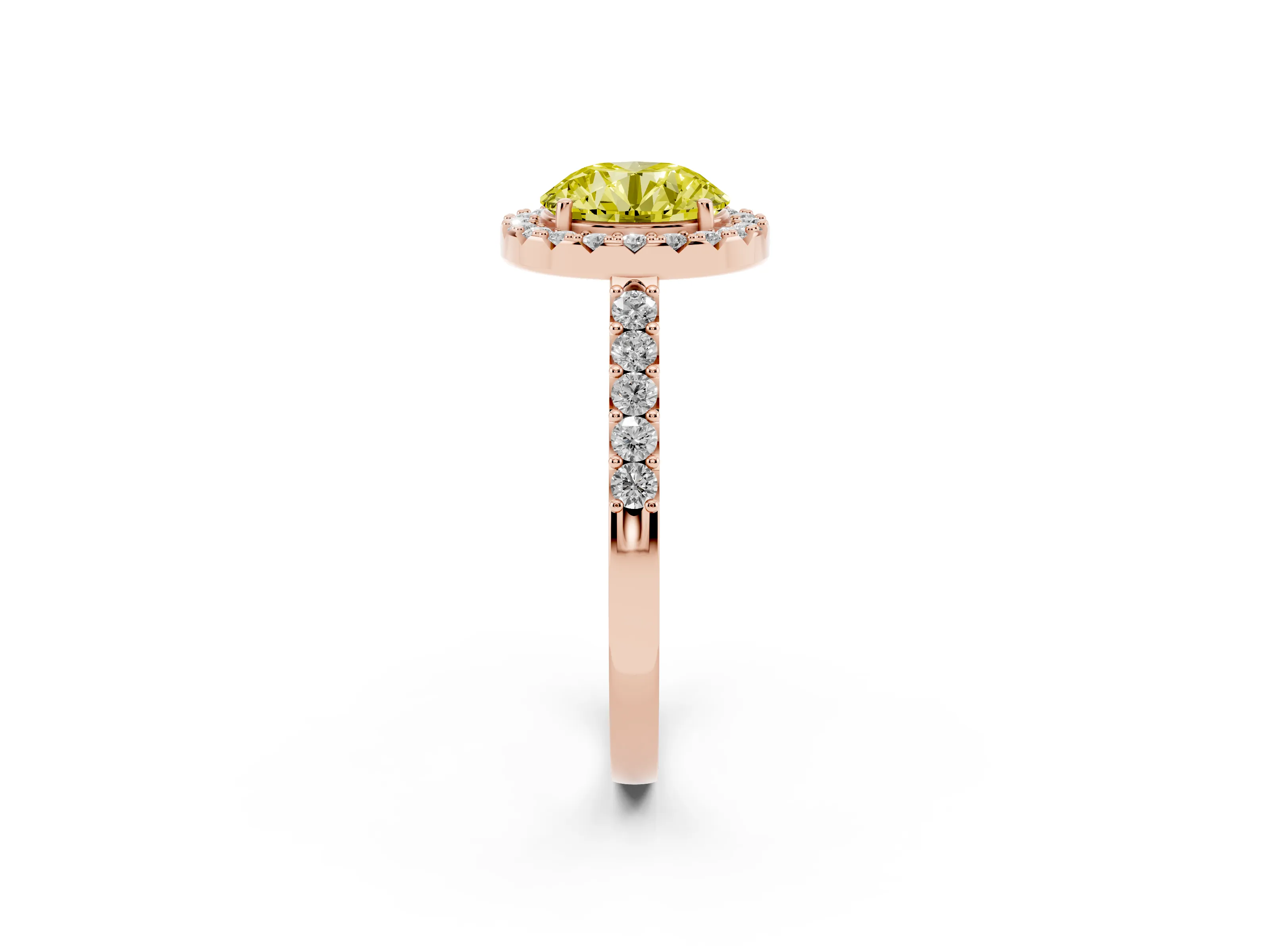 Fancy Yellow Round Cut Diamond Halo Pavé Solitaire Ring Set in Rose gold with Prong-Set Center Stone