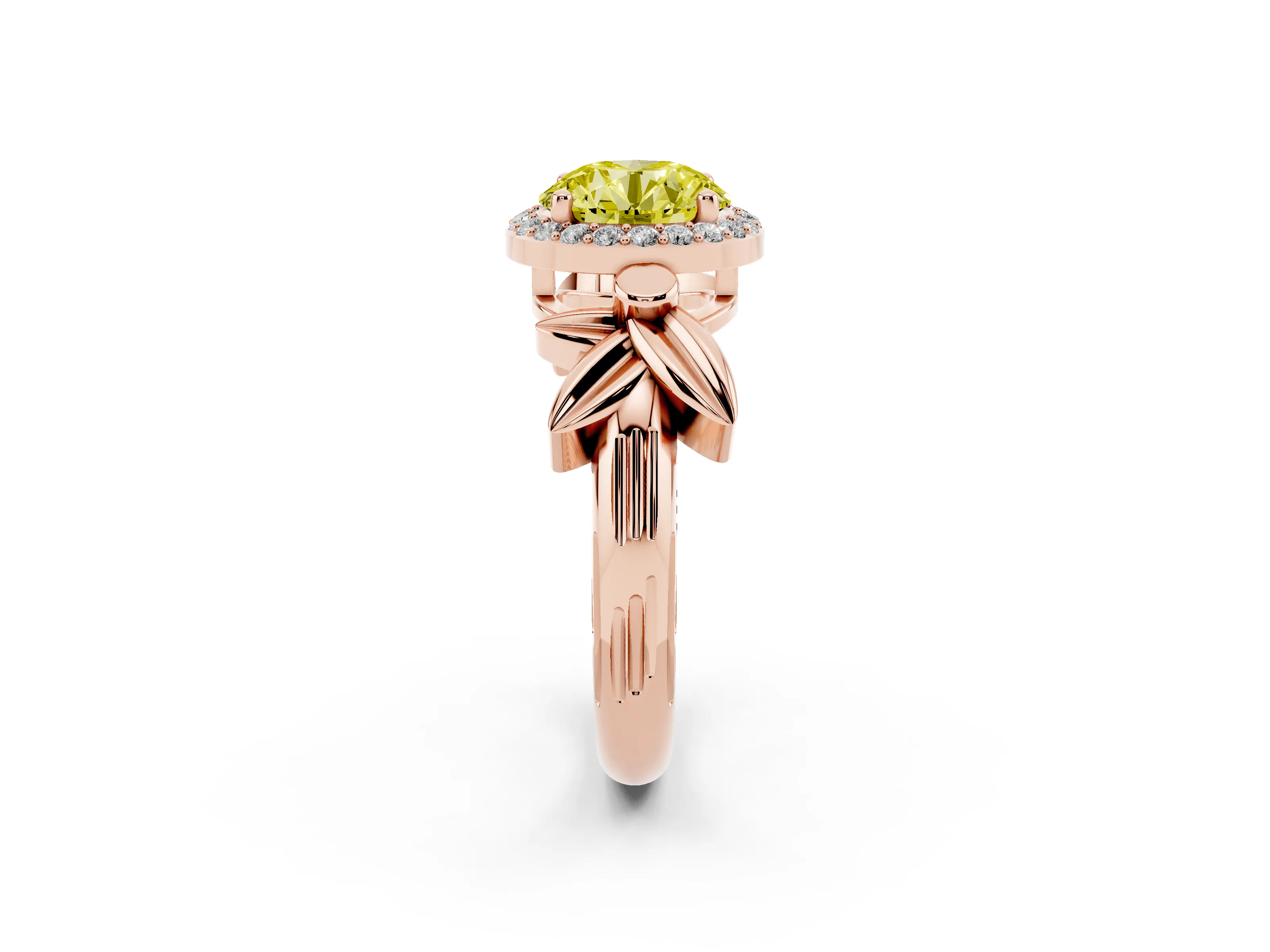 Fancy Yellow Round Cut Diamond Halo Floral Band Ring Set in Rose gold with Prong Setting