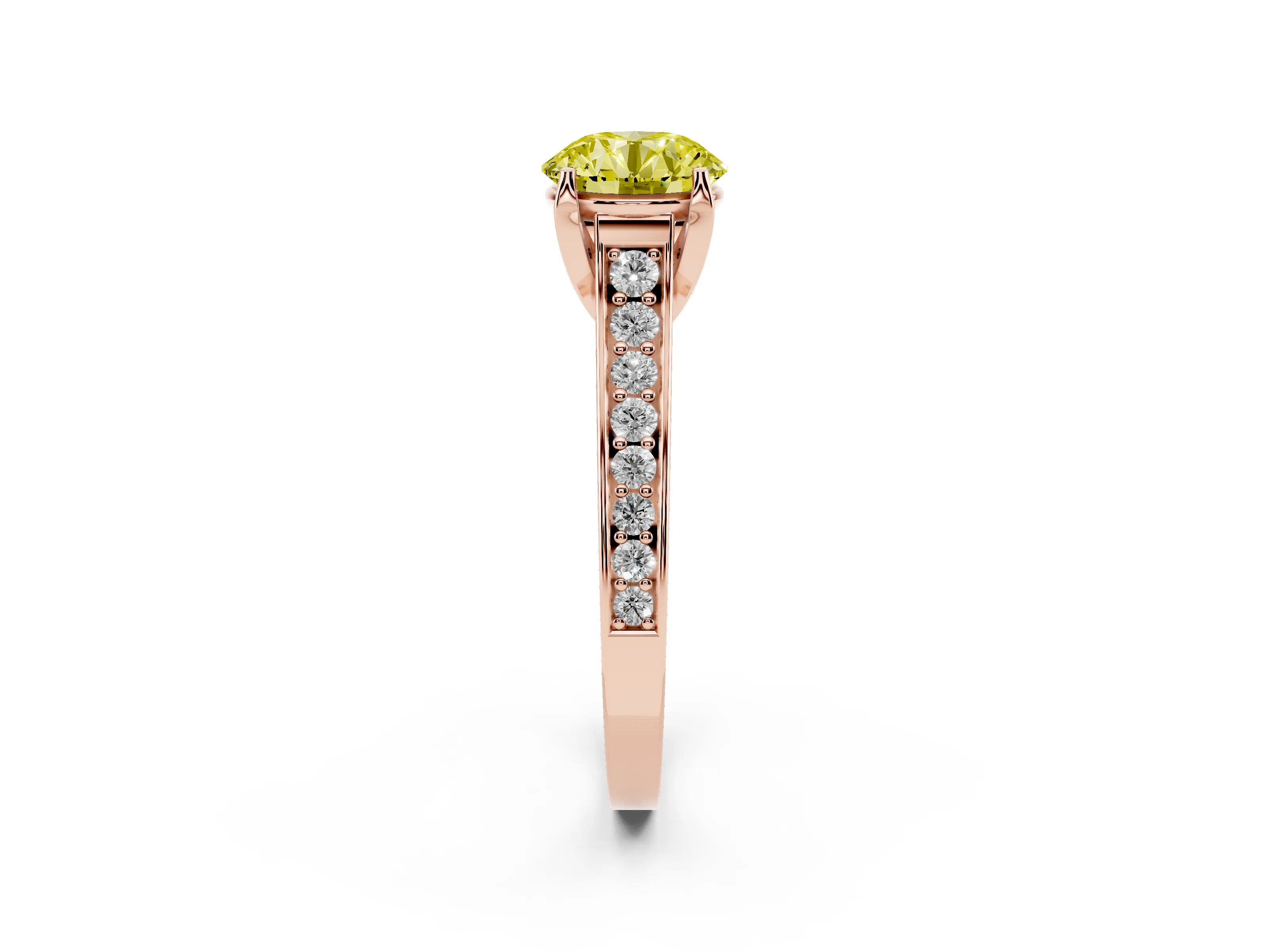 Fancy Yellow Round Cut Diamond Solitaire Pavé Engagement Ring Set in Rose gold with Prong Setting