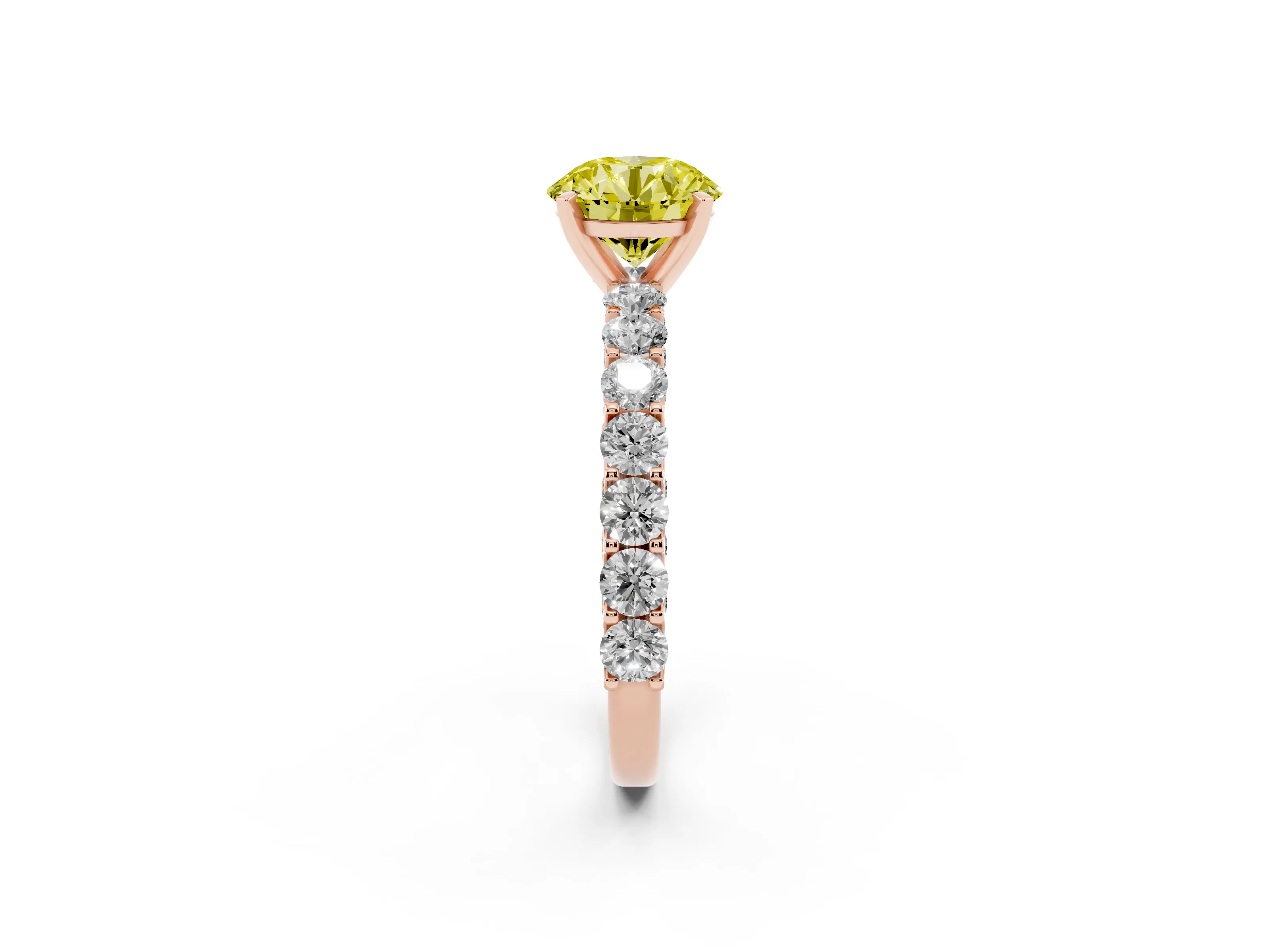 Fancy Yellow Round Cut Diamond Solitaire Ring Set in Rose gold with Shared Prong Pavé Band