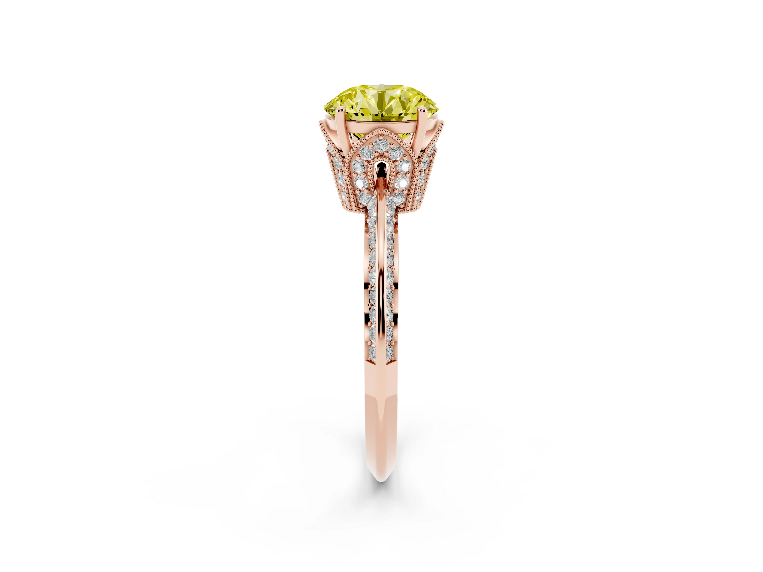 Fancy Yellow Round Cut Diamond Solitaire Engagement Ring Set in Rose gold with Pavé Split Shank and Prong Setting