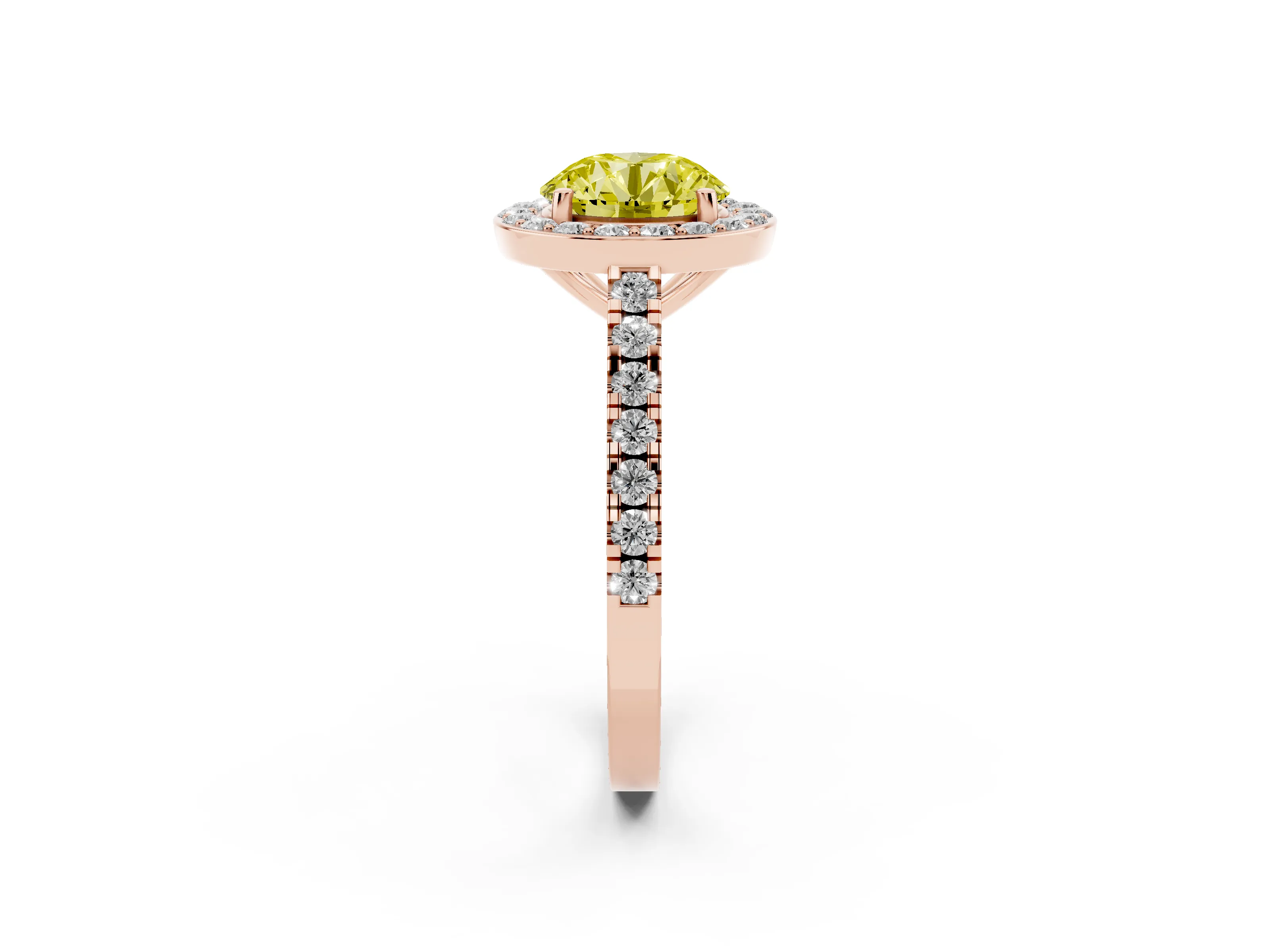 Fancy Yellow Round Cut Diamond Halo Ring Set in Rose gold with Round Pavé Split Shank and Prong Setting
