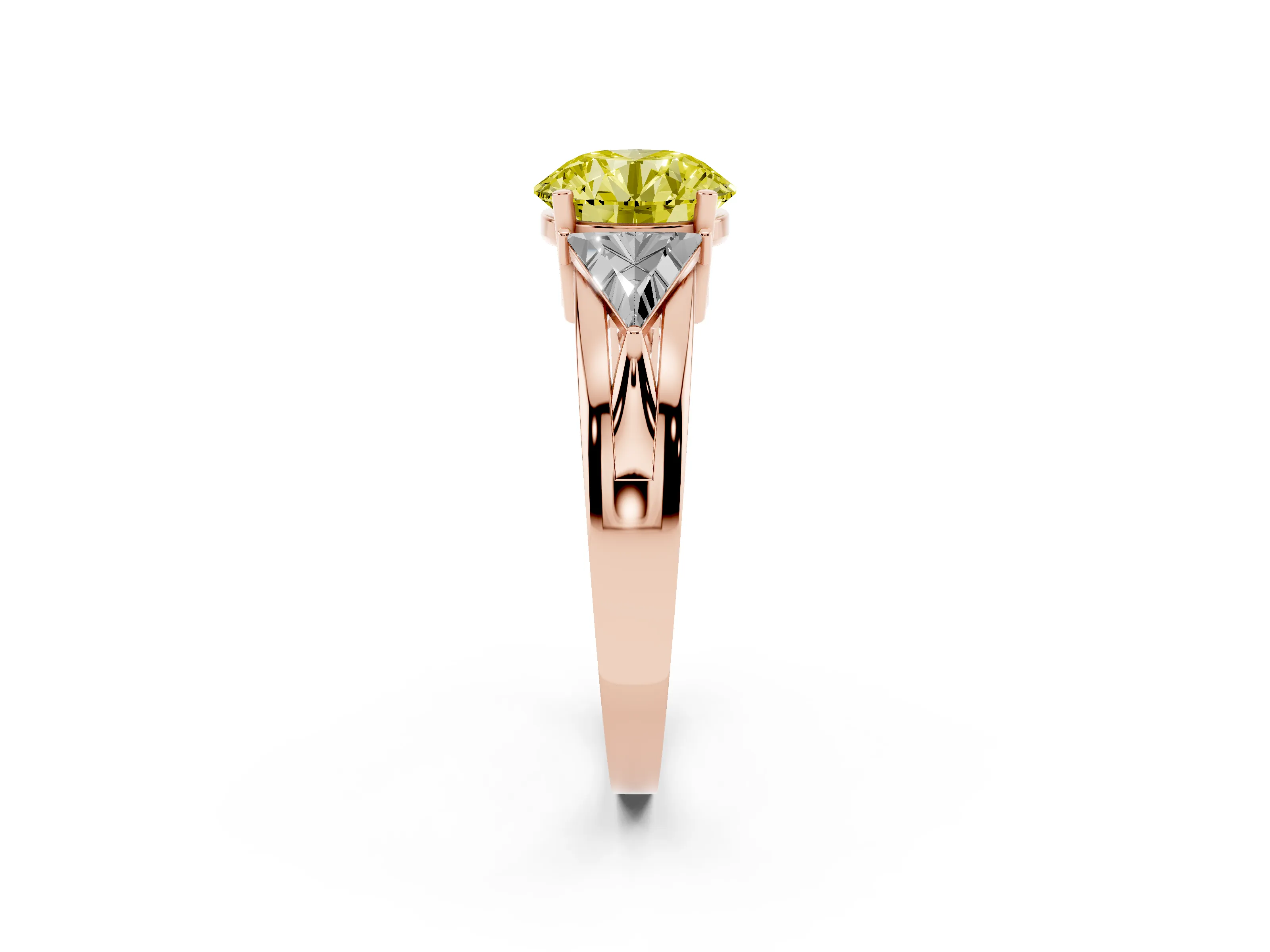 Fancy Yellow Round Cut Diamond Three-Stone Ring Set in Rose gold with Trillion Side Stones and Split Shank