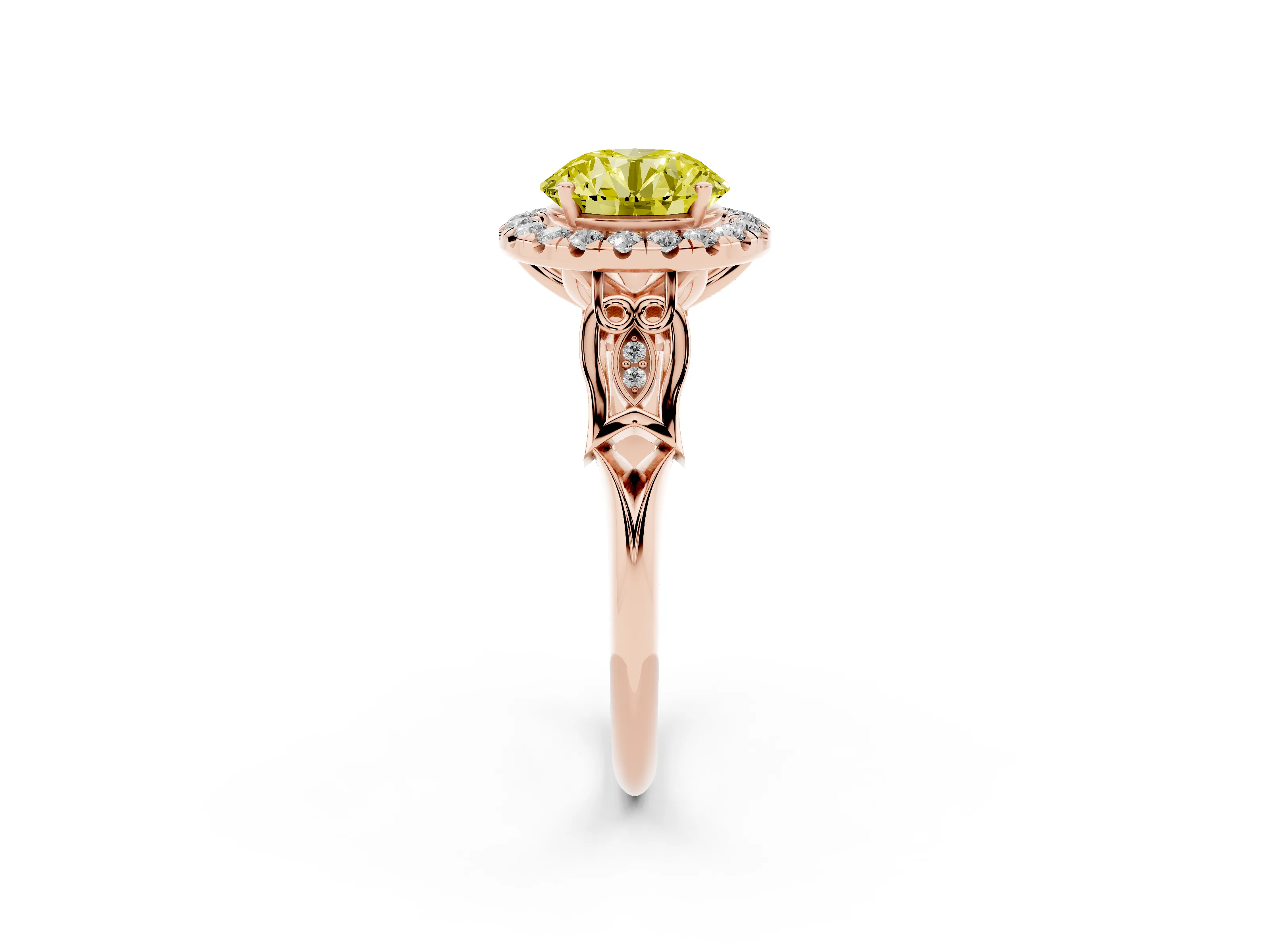 Fancy Yellow Round Cut Diamond Halo Engagement Ring Set in Rose gold with Filigree Band and Prong-Set Center