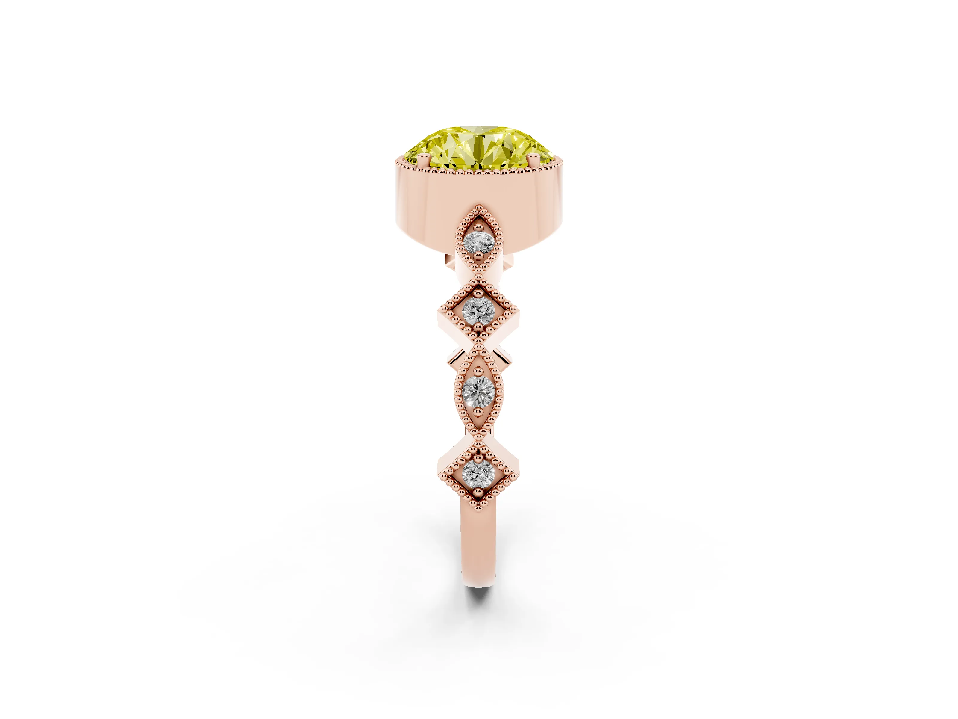 Fancy Yellow Round Cut Diamond Milgrain Marquise Twist Band Ring Set in Rose gold with Prong Setting