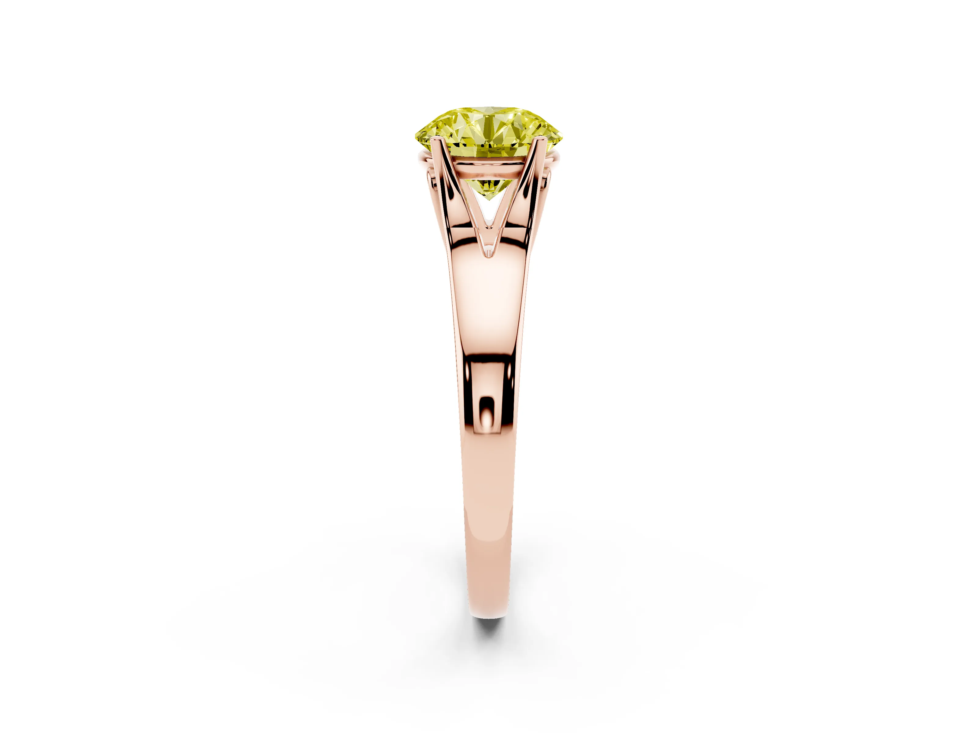 Fancy Yellow Round Cut Diamond Solitaire Ring Set in Rose gold with Arched Cathedral Band and Prong Setting