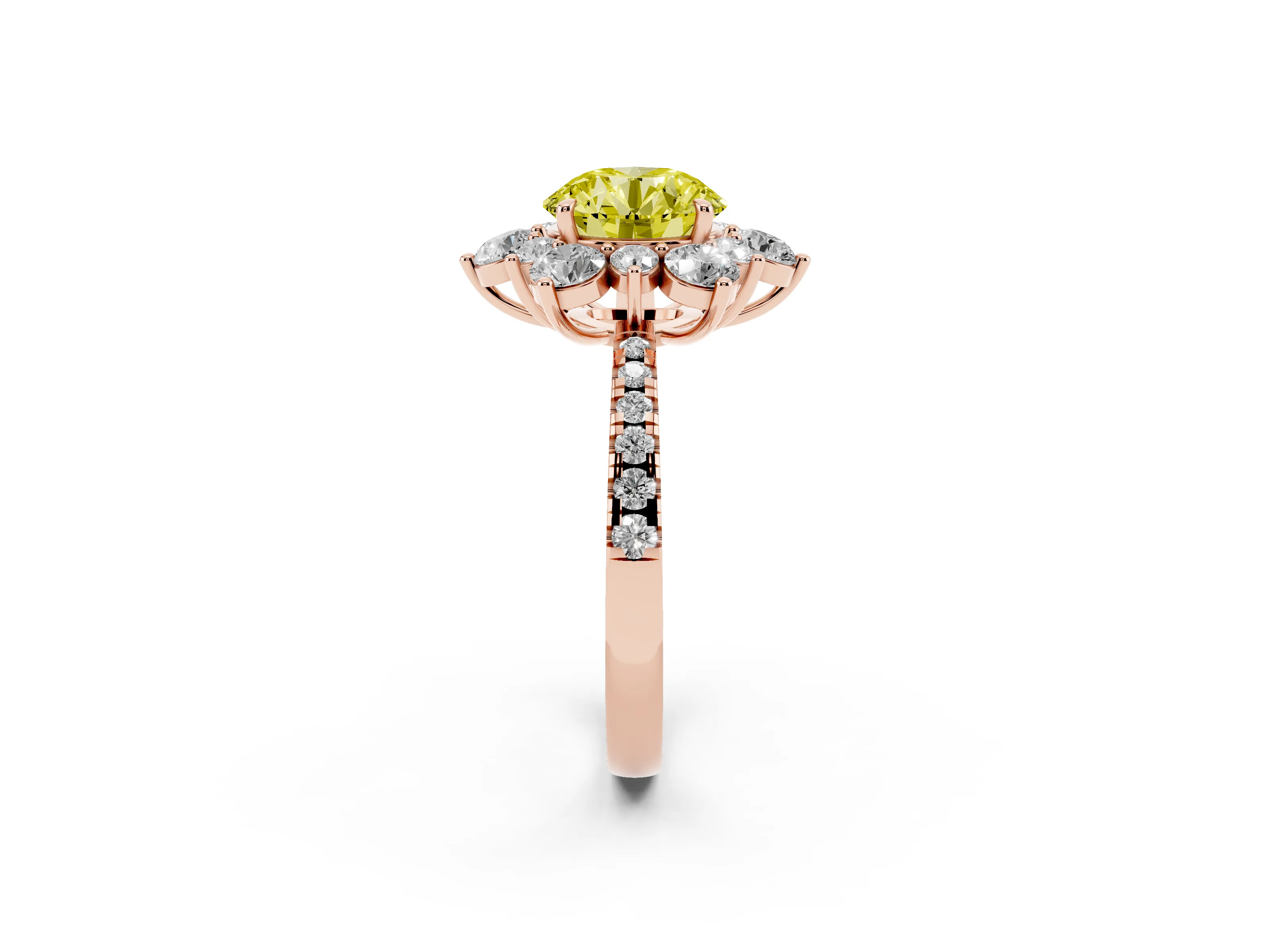 Fancy Yellow Round Cut Diamond Floral Halo Ring Set in Rose gold with Round Pavé Band and Prong Setting