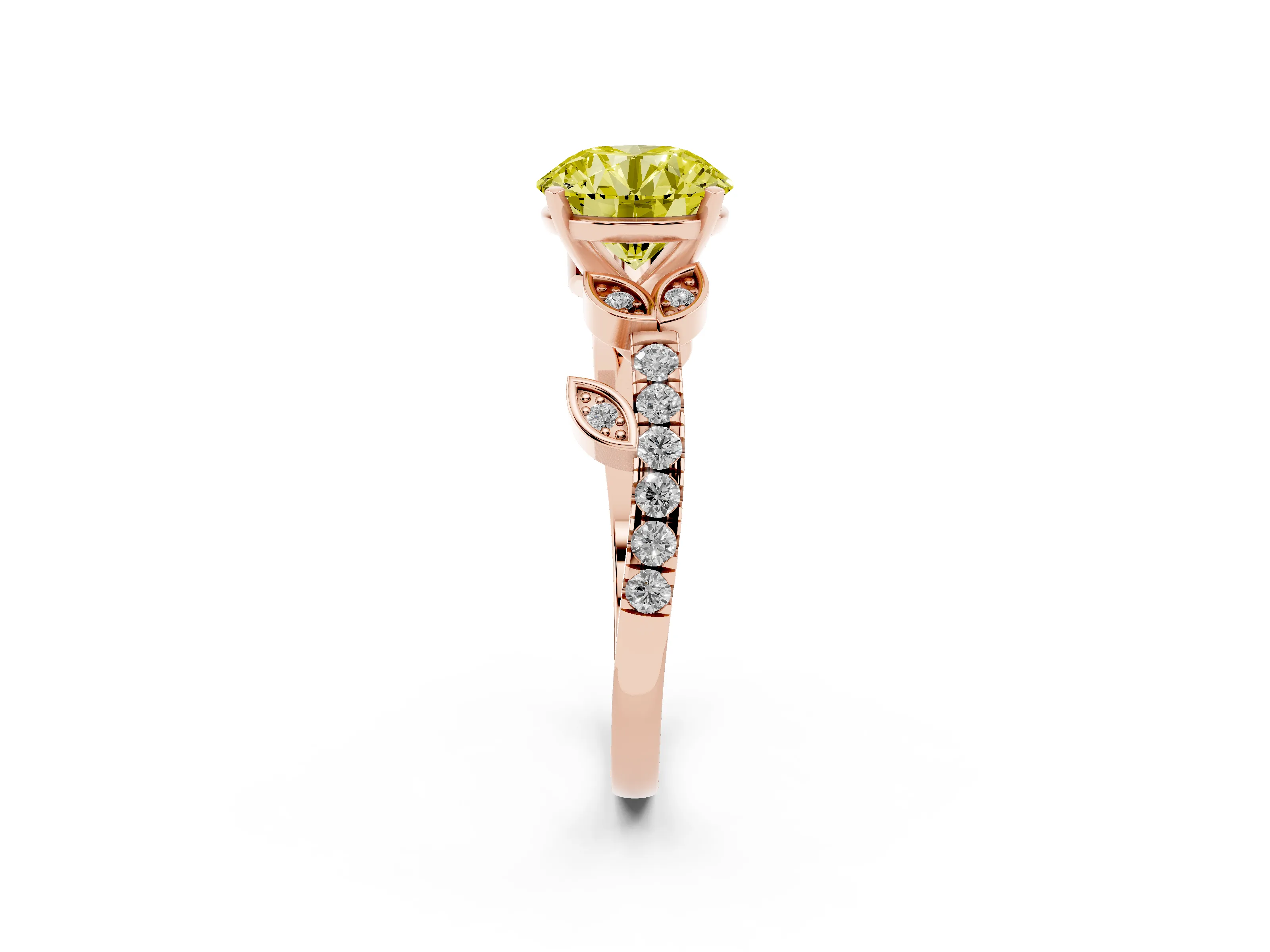 Fancy Yellow Round Cut Diamond Solitaire Leaf-Inspired Ring Set in Rose gold with Pavé Band and Prong Setting