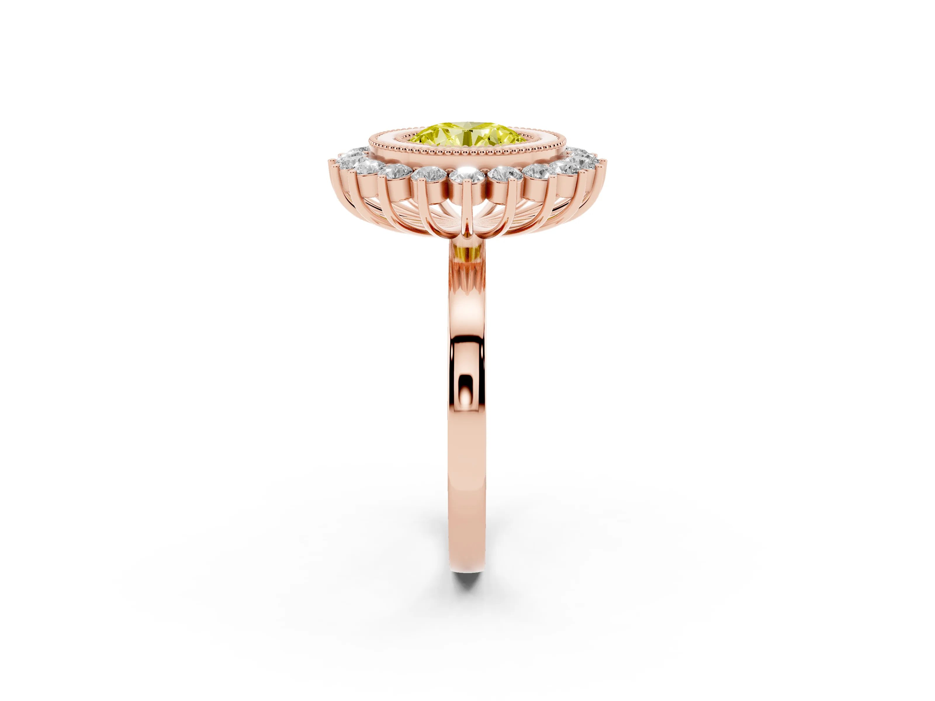 Fancy Yellow Round Cut Diamond Halo Ring Set in Rose gold with Milgrain Edge and Round Prong Setting