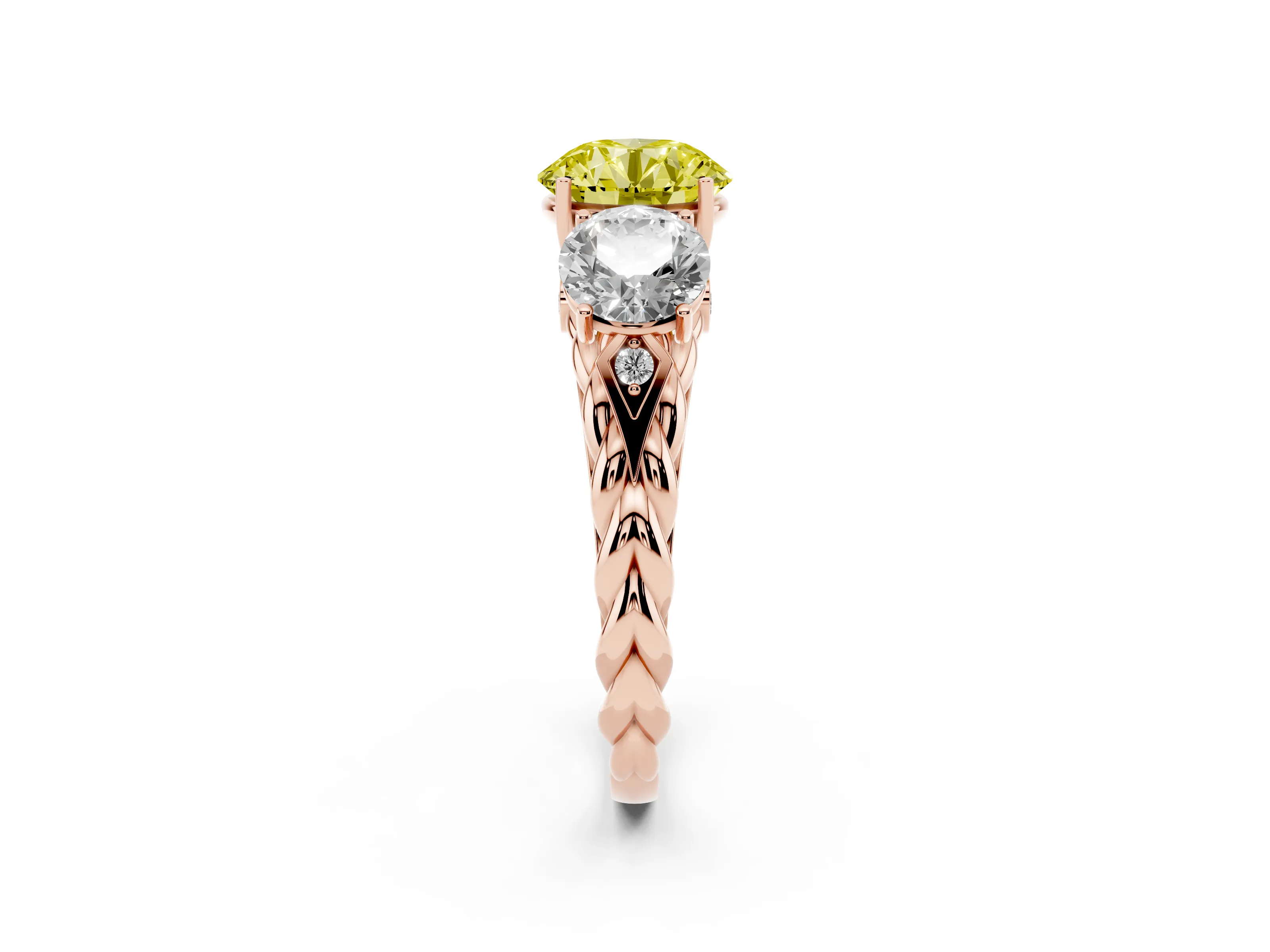 Fancy Yellow Round Cut Diamond Three-Stone Ring Set in Rose gold with Braided Band