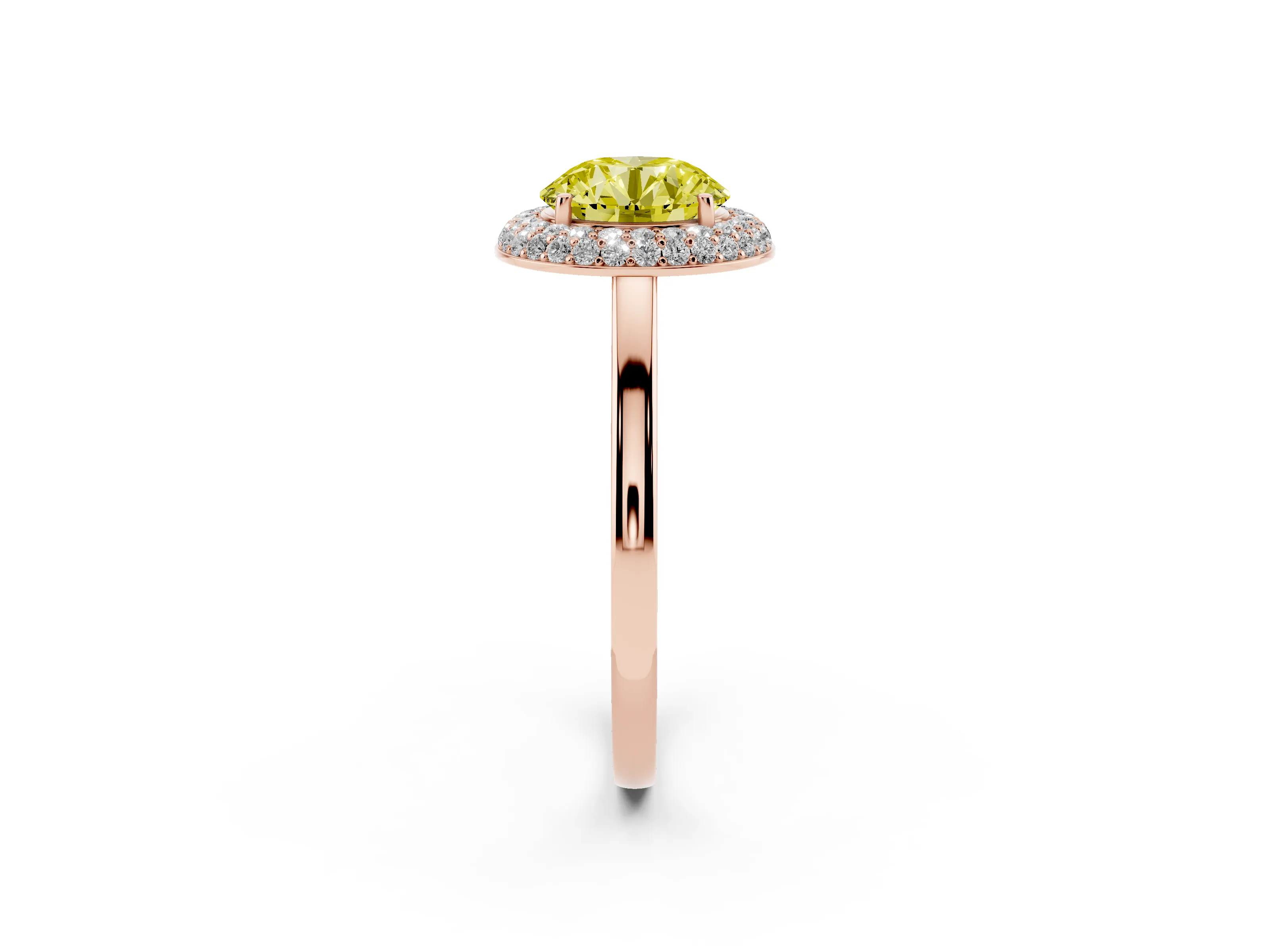 Fancy Yellow Round Cut Diamond Halo Engagement Ring Set in Rose gold with Solitaire Band and Prong Setting