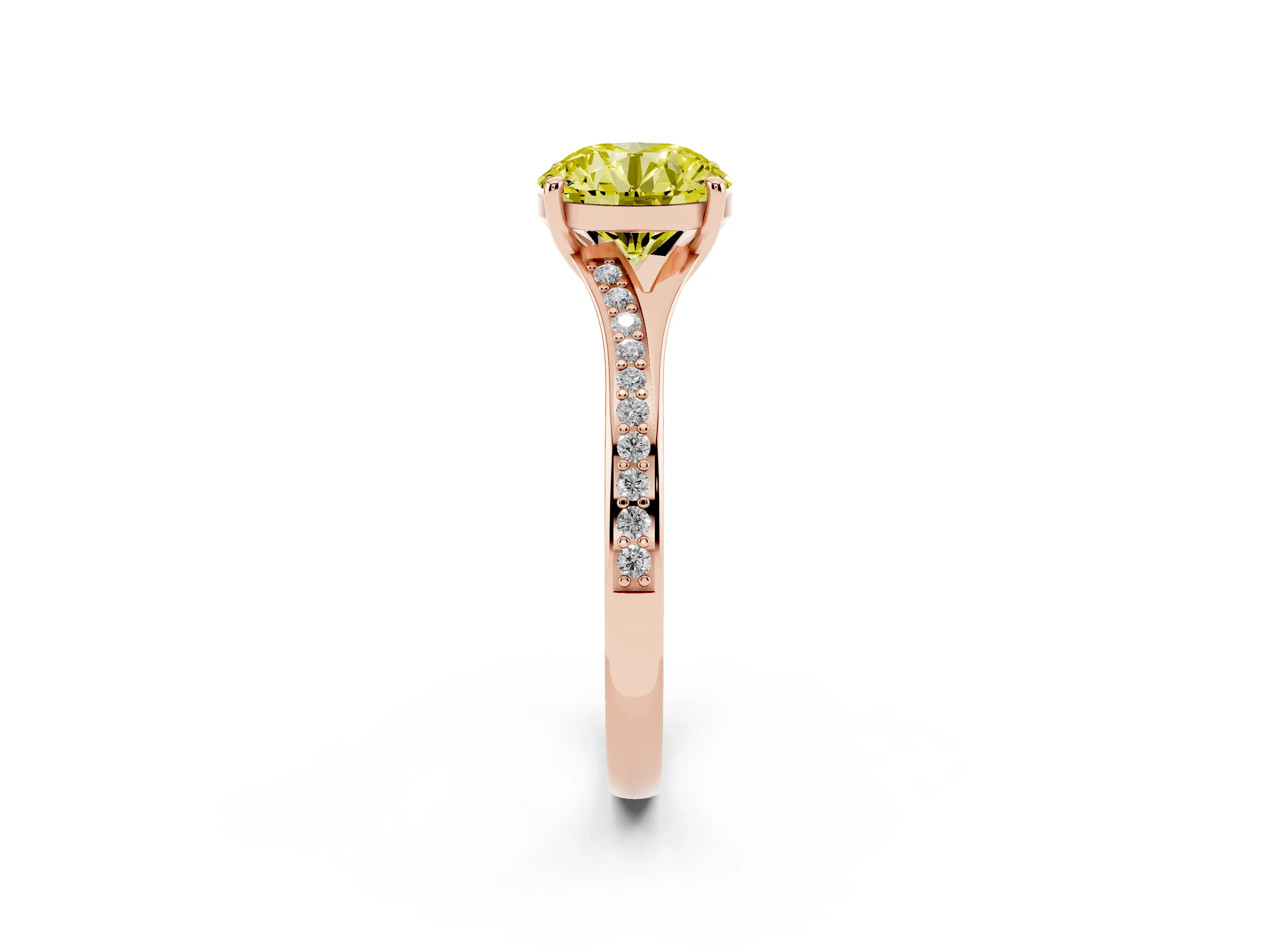 Fancy Yellow Round Cut Diamond Solitaire Ring Set in Rose gold with Pavé Accent Band and Classic Prong Setting