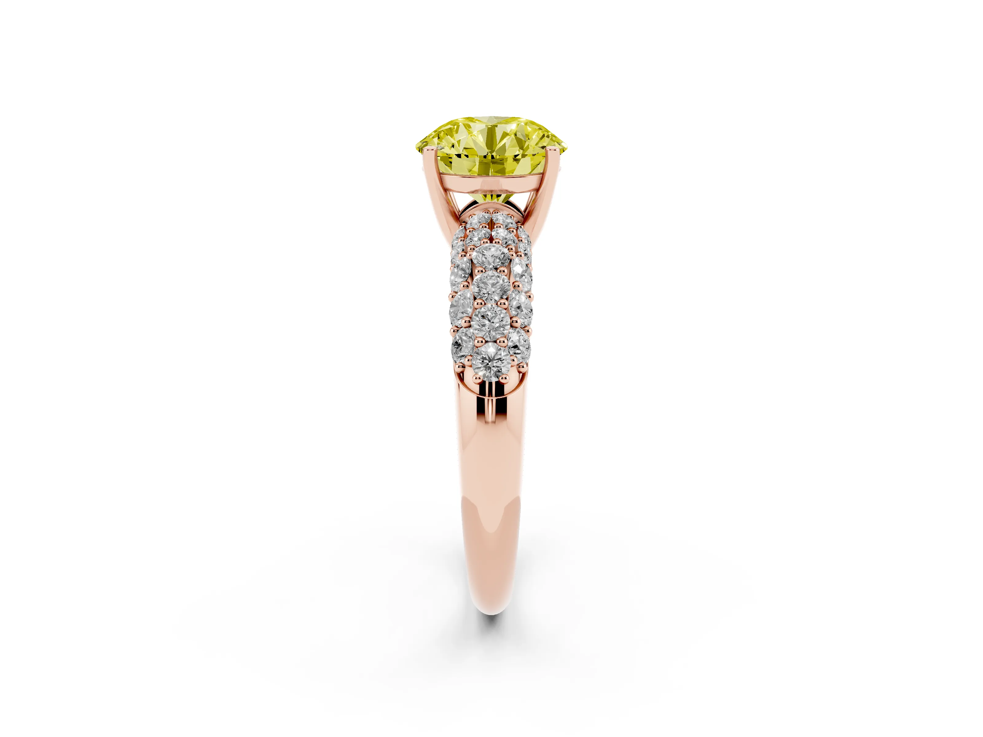 Fancy Yellow Round Cut Diamond Pavé Band Solitaire Ring Set in Rose gold with Close-Set Accent Stones and Prong Setting