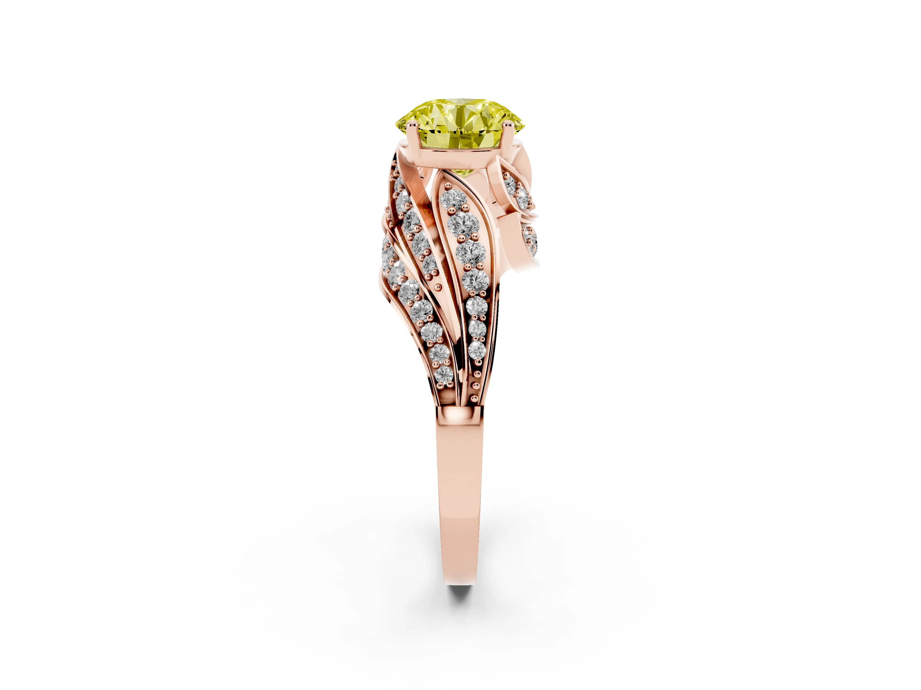 Fancy Yellow Round Cut Diamond Solitaire Ring Set in Rose gold with Layered Twist Pavé Band