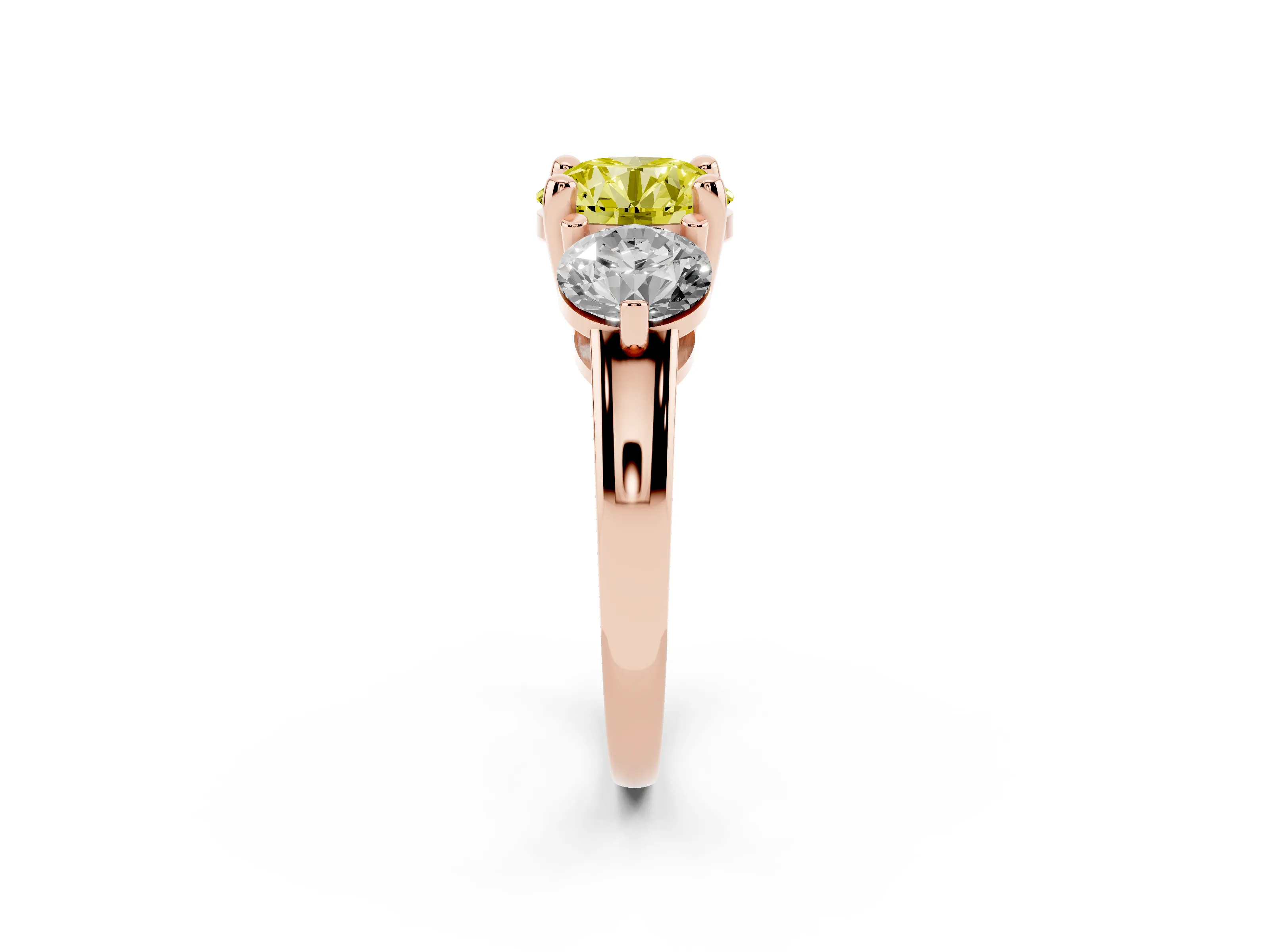 Fancy Yellow Round Cut Diamond Three-Stone Ring Set in Rose gold with Prong Setting and Classic Band
