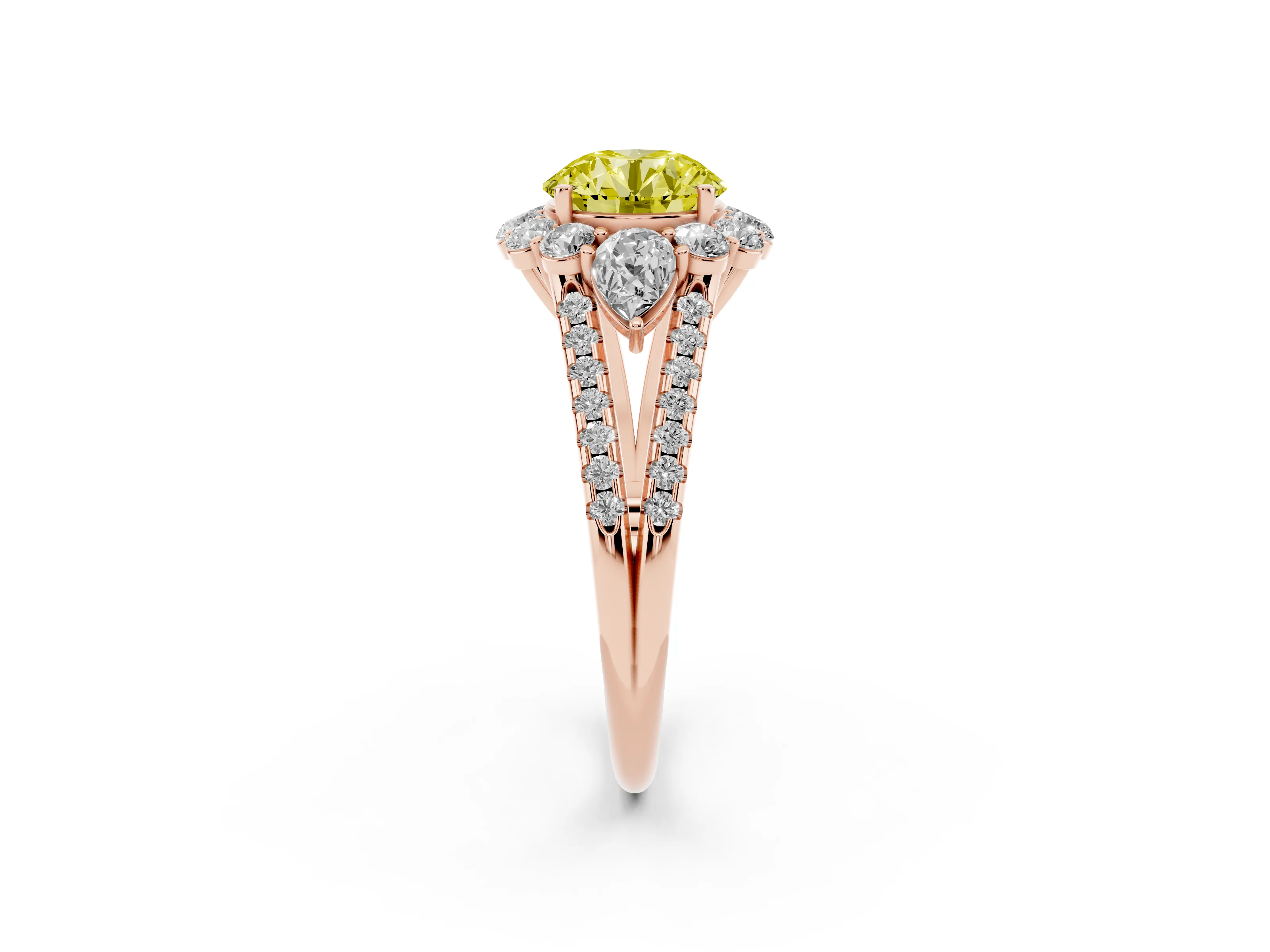 Fancy Yellow Round Cut Diamond Halo Split Shank Engagement Ring Set in Rose gold with Prong-Held Center Stone