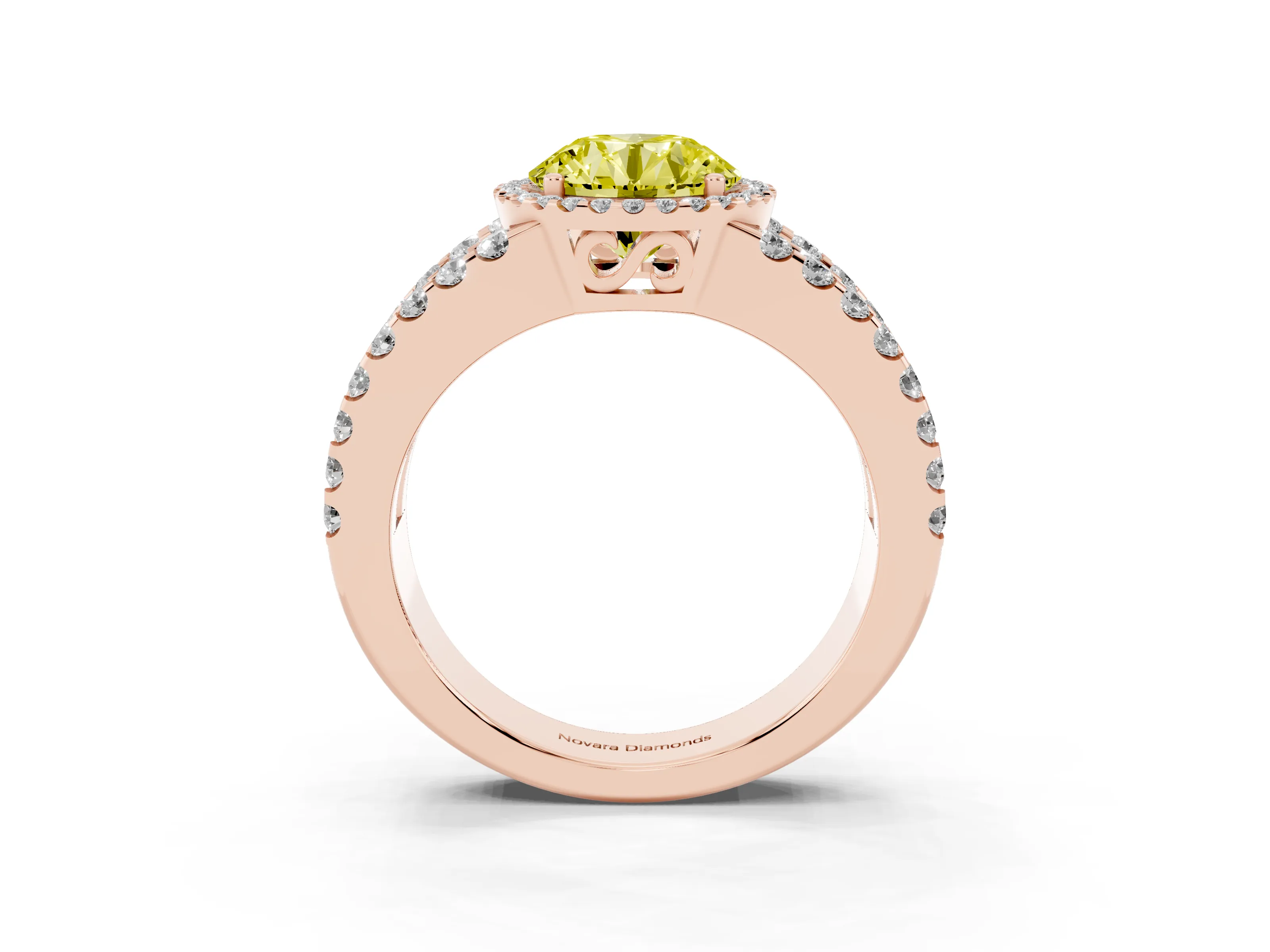 Fancy Yellow Round Cut Diamond Halo Ring Set in Rose gold with Pavé Split Shank and Prong Setting