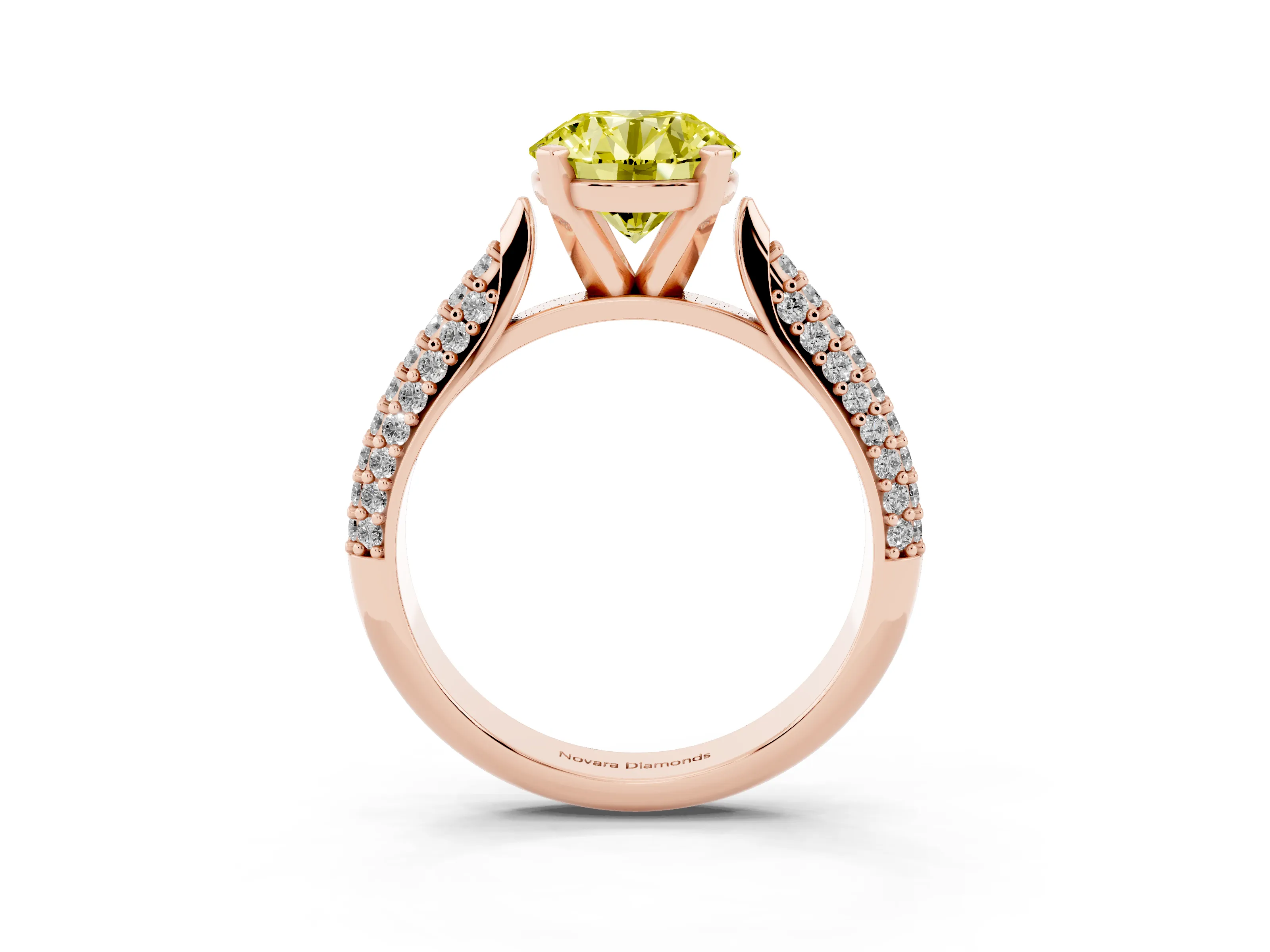 Fancy Yellow Round Cut Diamond Solitaire Engagement Ring Set in Rose gold with Multi-Row Round Pavé Band and Prong Setting