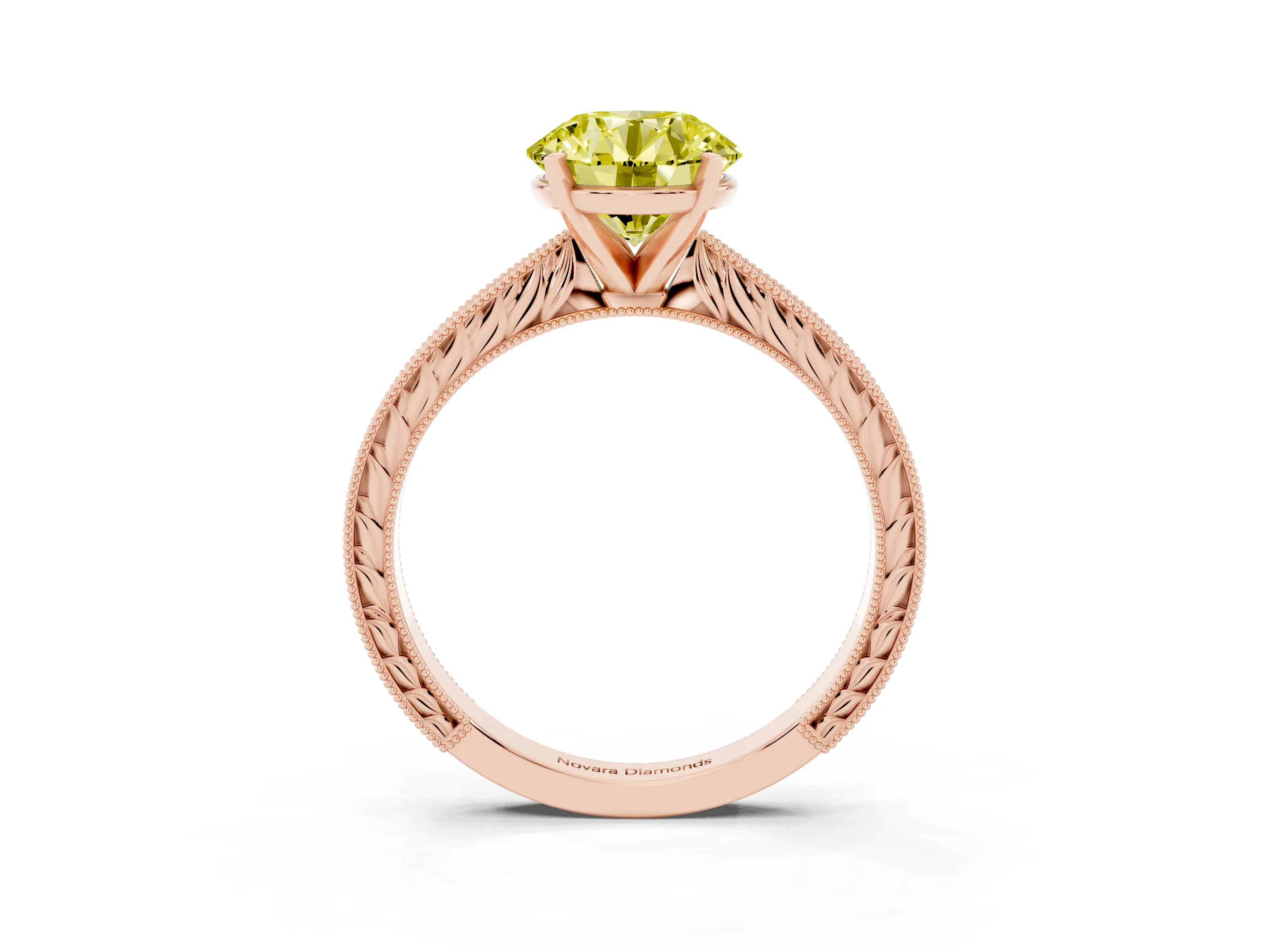 Fancy Yellow Round Cut Diamond Solitaire Milgrain Engraved Band Set in Rose gold with Prong Setting
