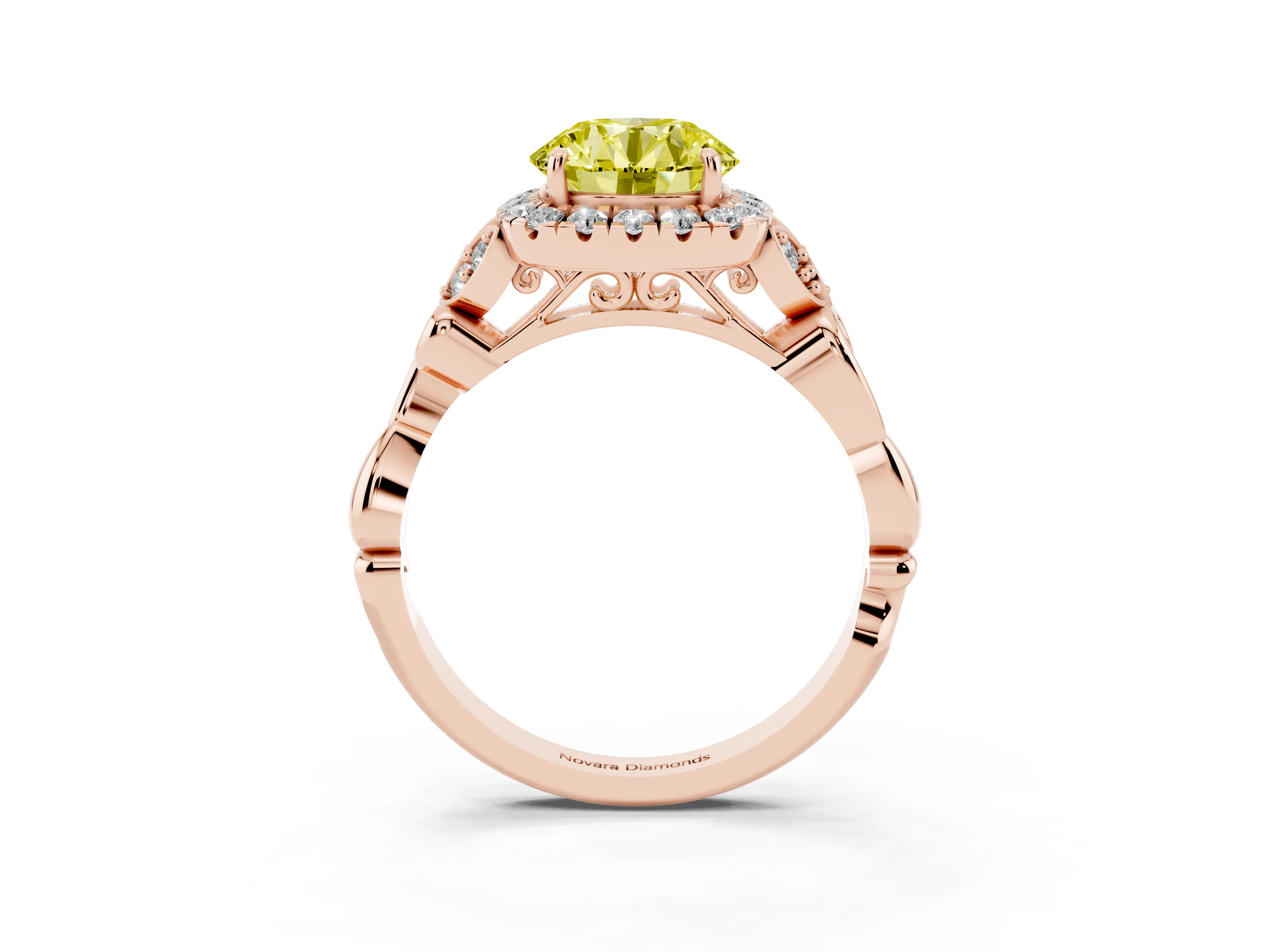 Fancy Yellow Round Cut Diamond Halo Engagement Ring Set in Rose gold with Vintage-Inspired Band and Prong Setting