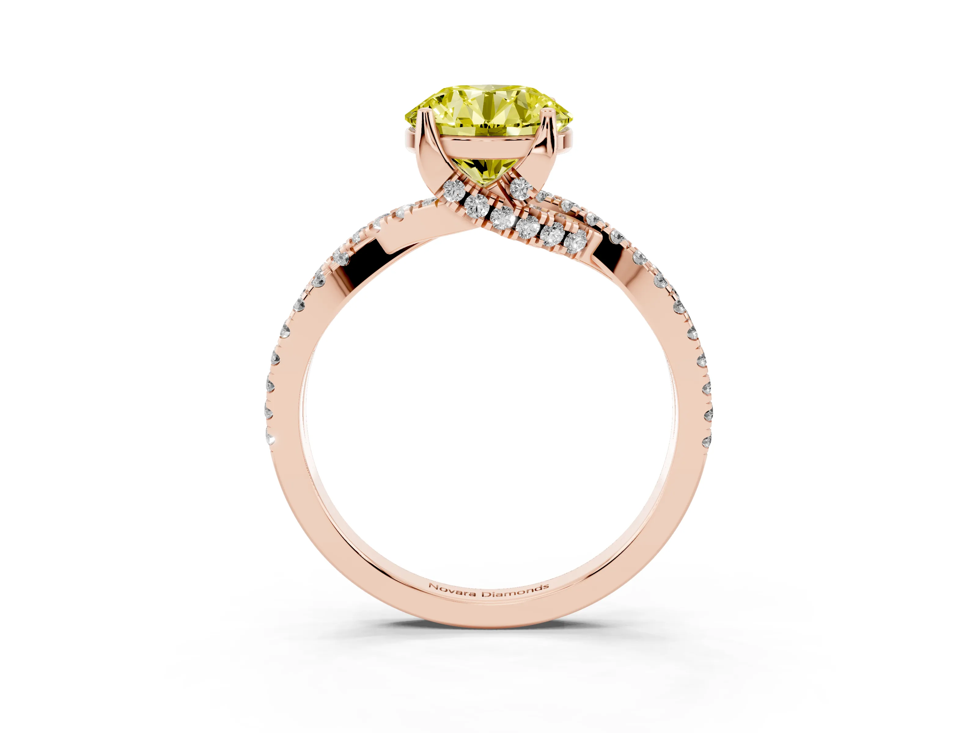 Fancy Yellow Round Cut Diamond Twist Pavé Solitaire Engagement Ring Set in Rose gold with Prong Setting