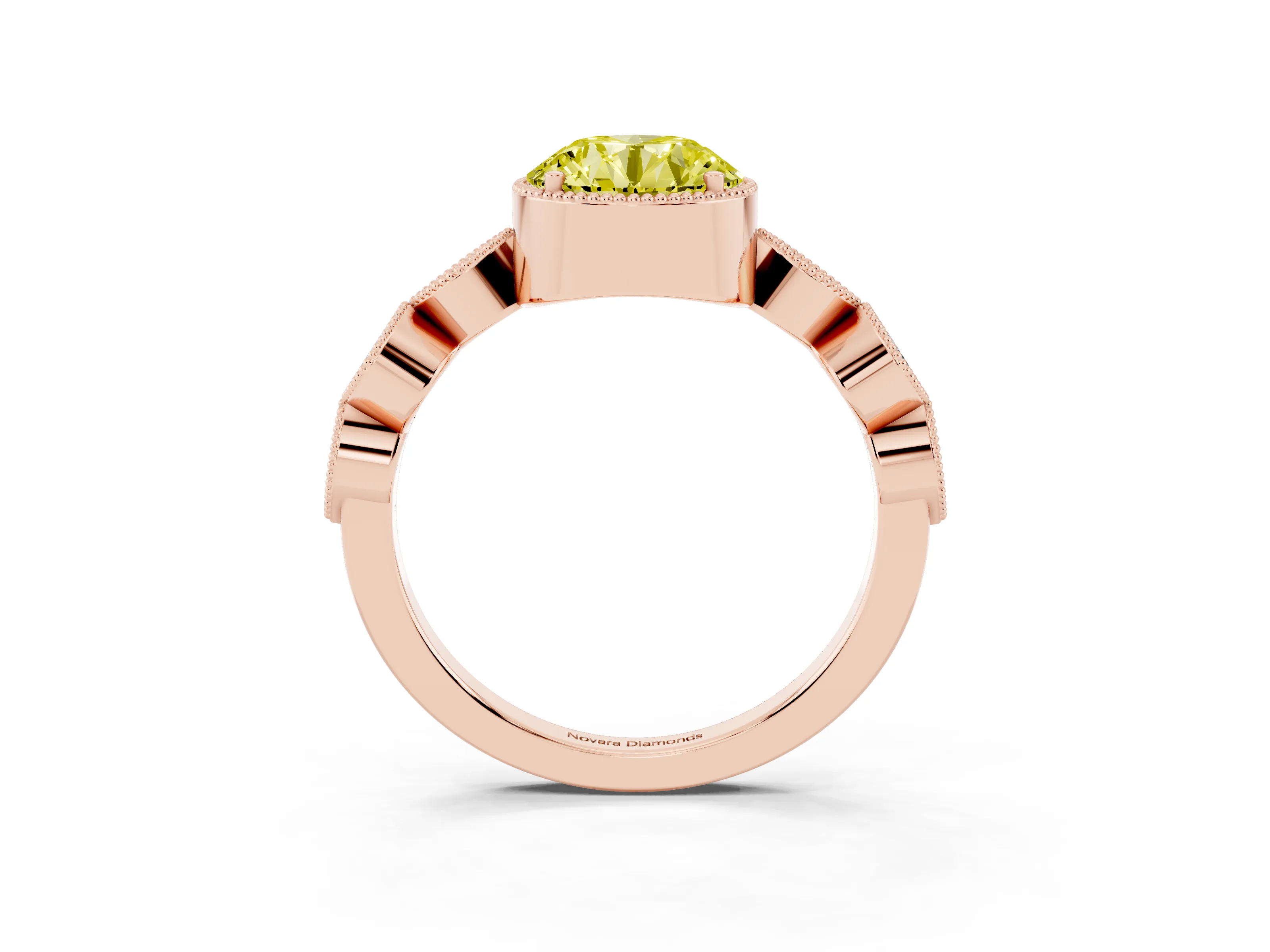 Fancy Yellow Round Cut Diamond Vintage-Inspired Milgrain Ring Set in Rose gold with Marquise Stations of Round Accents