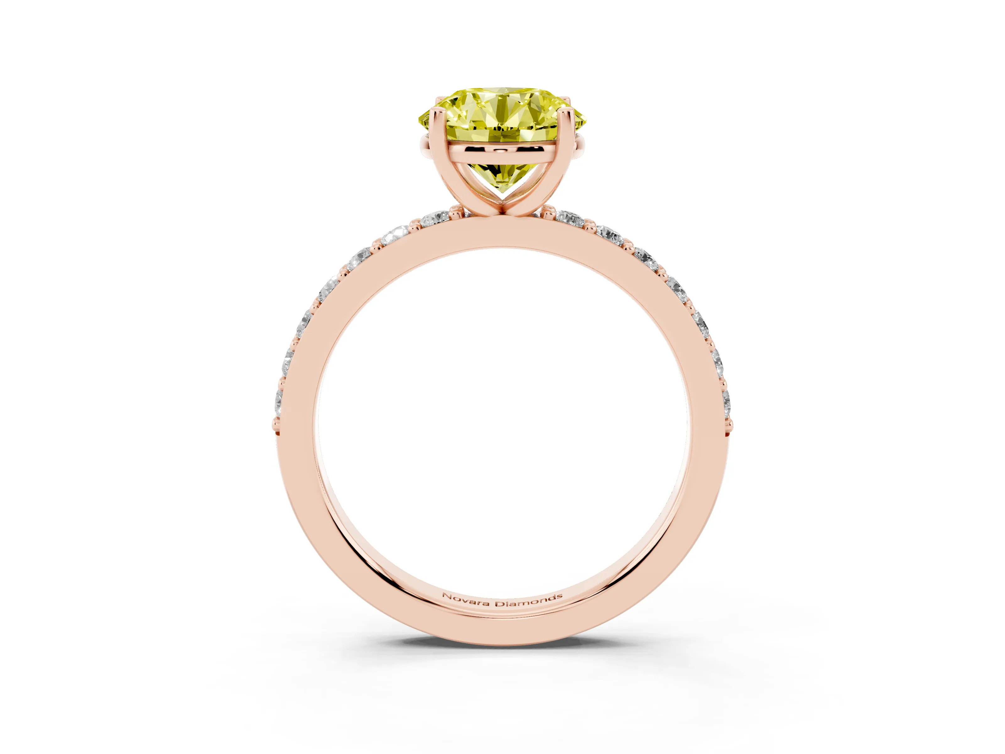 Fancy Yellow Round Cut Diamond Solitaire Set in Rose gold with Round Pavé Band and Prong Setting