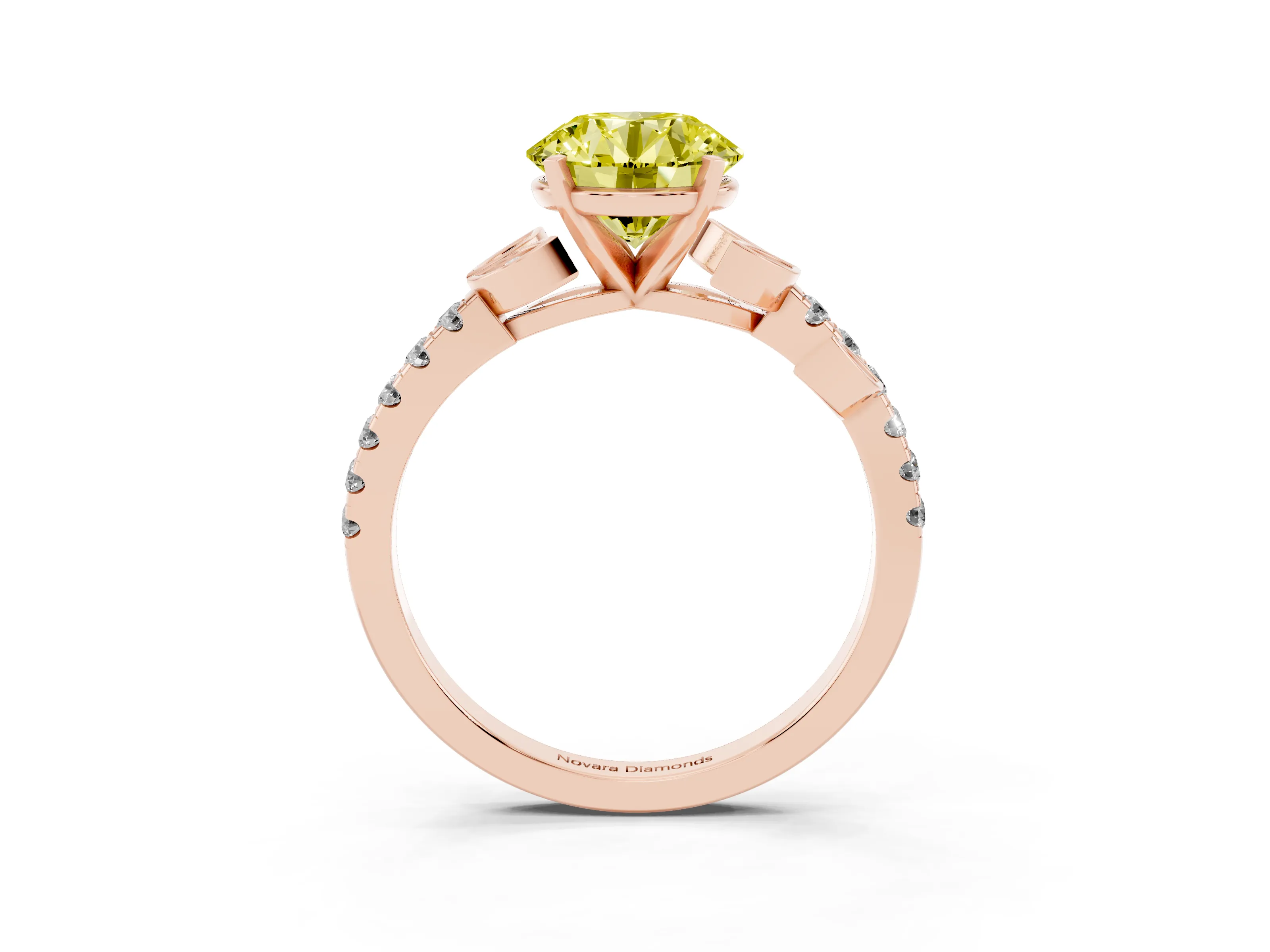 Fancy Yellow Round Cut Diamond Solitaire Leaf-Inspired Ring Set in Rose gold with Pavé Band and Prong Setting