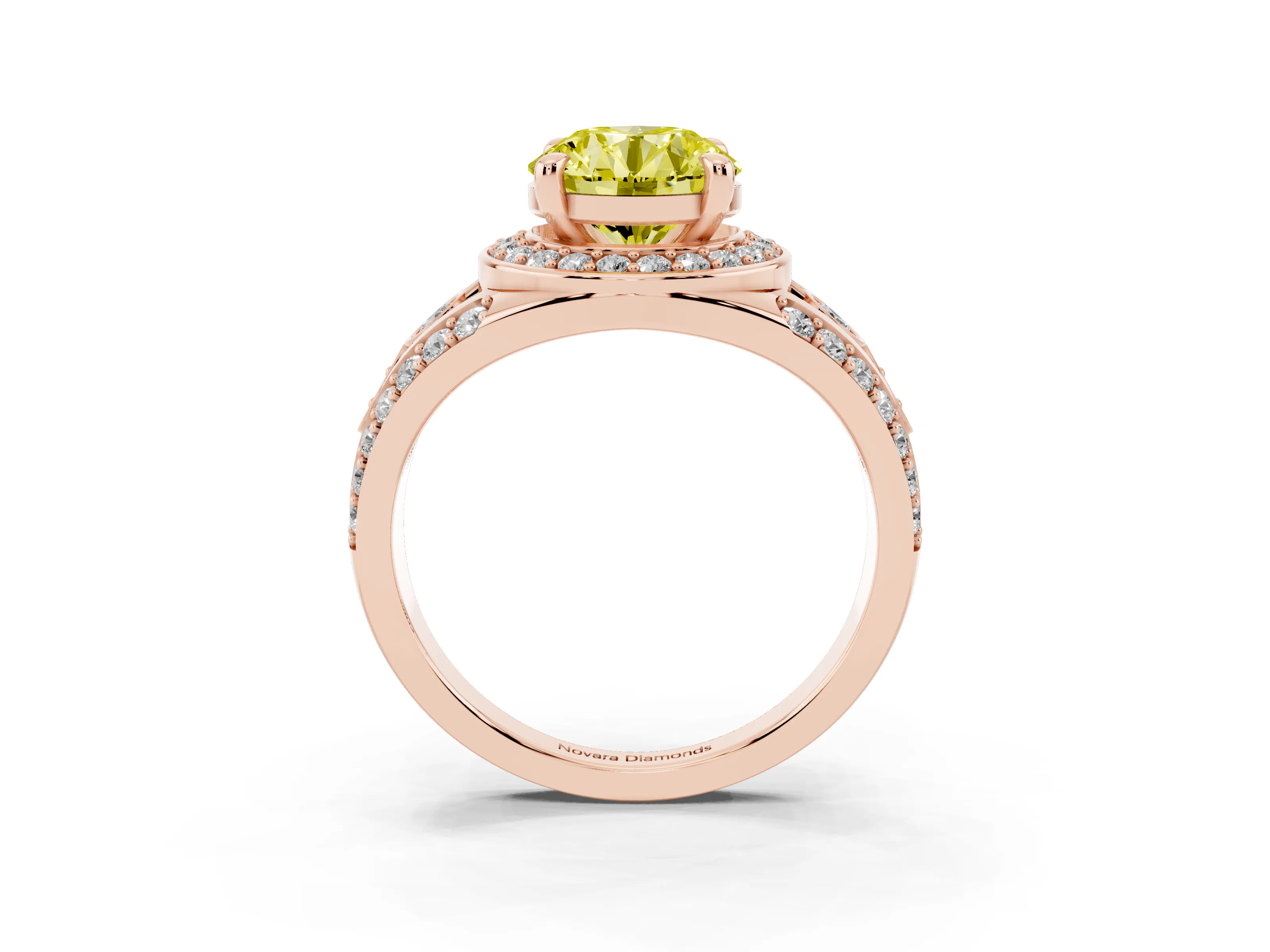 Fancy Yellow Round Cut Diamond Halo Ring Set in Rose gold with Pavé Split Shank and Bezel Accents
