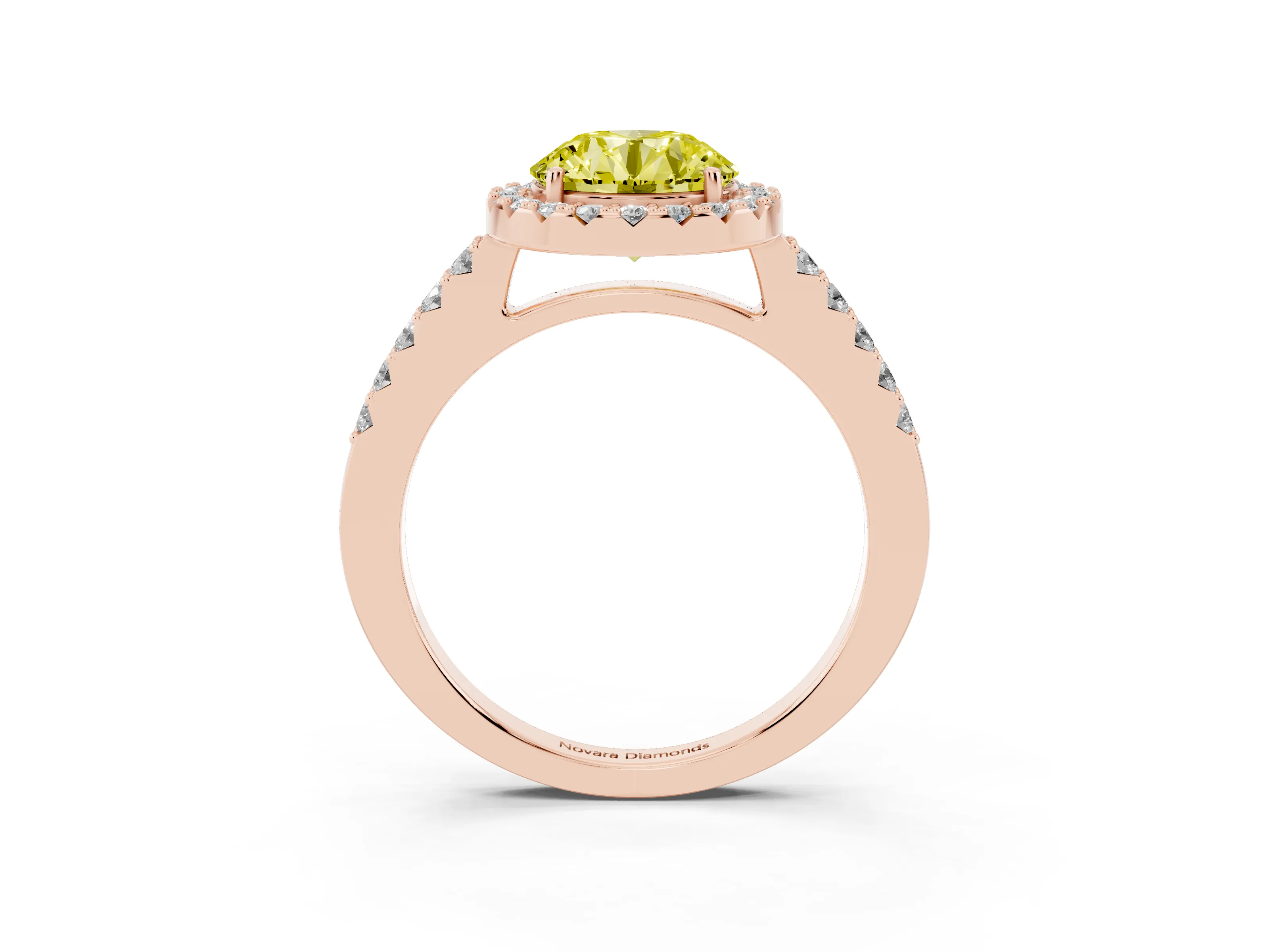 Fancy Yellow Round Cut Diamond Halo Pavé Solitaire Ring Set in Rose gold with Prong-Set Center Stone