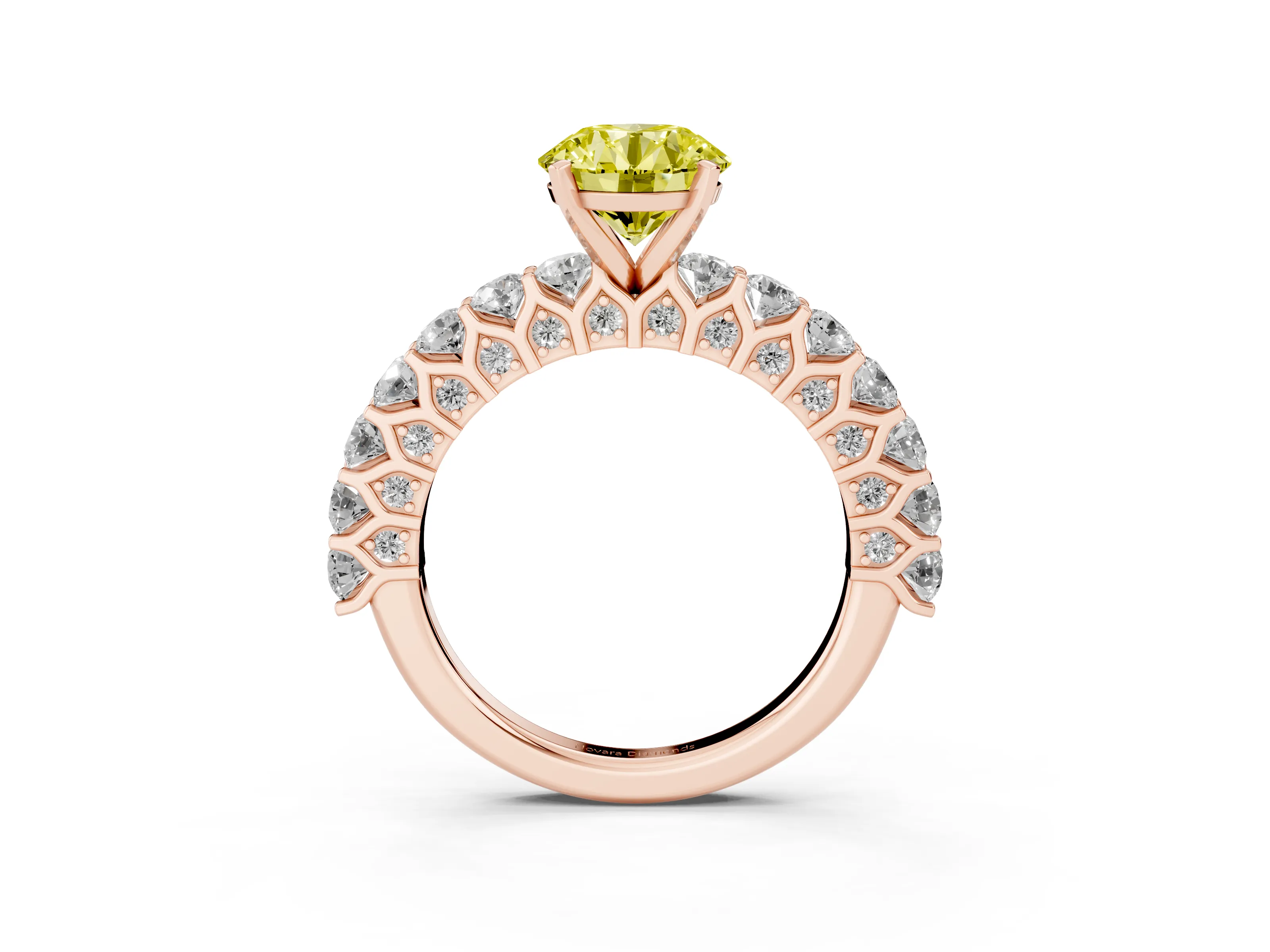 Fancy Yellow Round Cut Diamond Solitaire Ring Set in Rose gold with Shared Prong Pavé Band