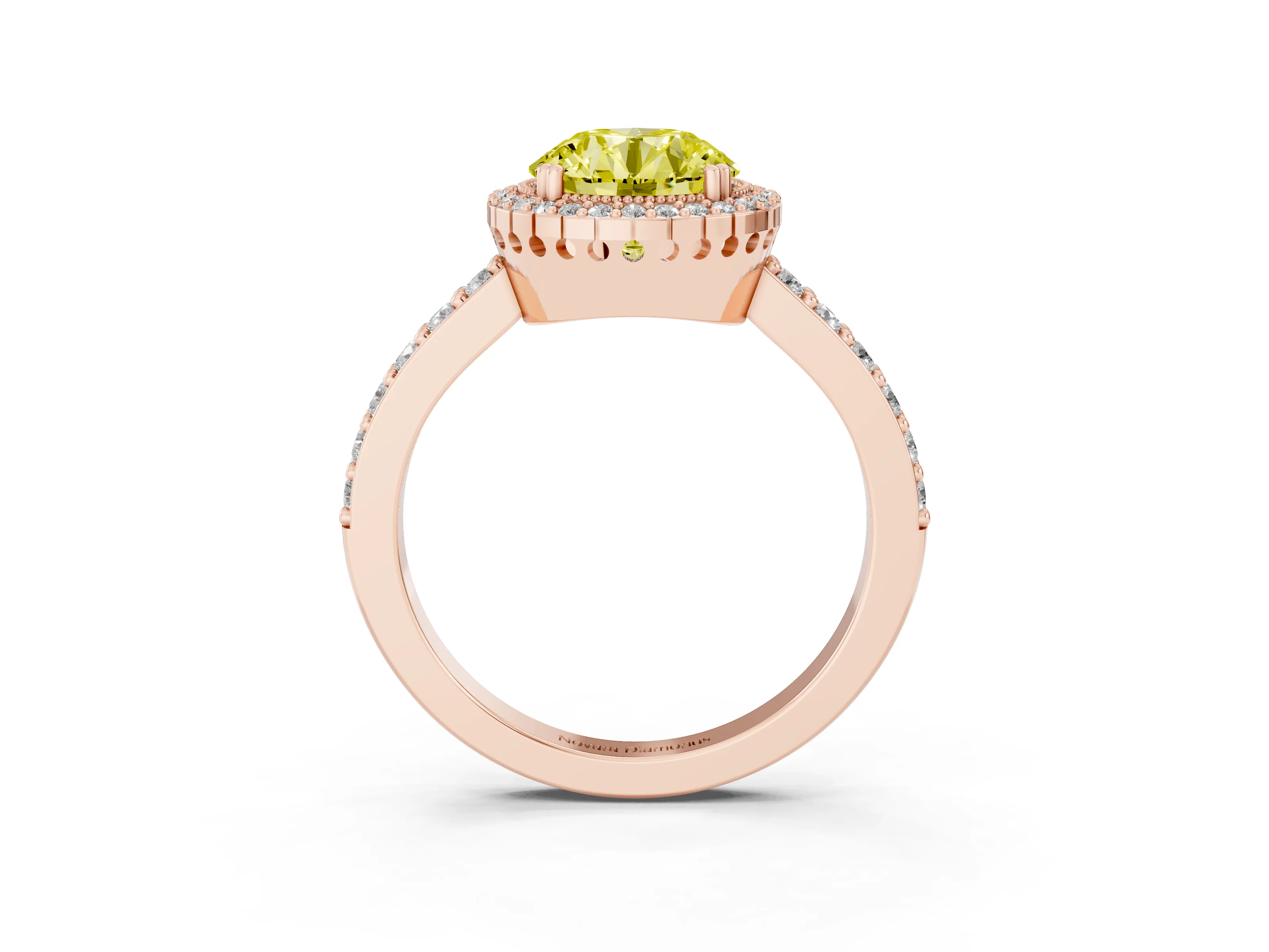 Fancy Yellow Round Cut Diamond Halo Engagement Ring Set in Rose gold with Milgrain Detail and Pavé Band