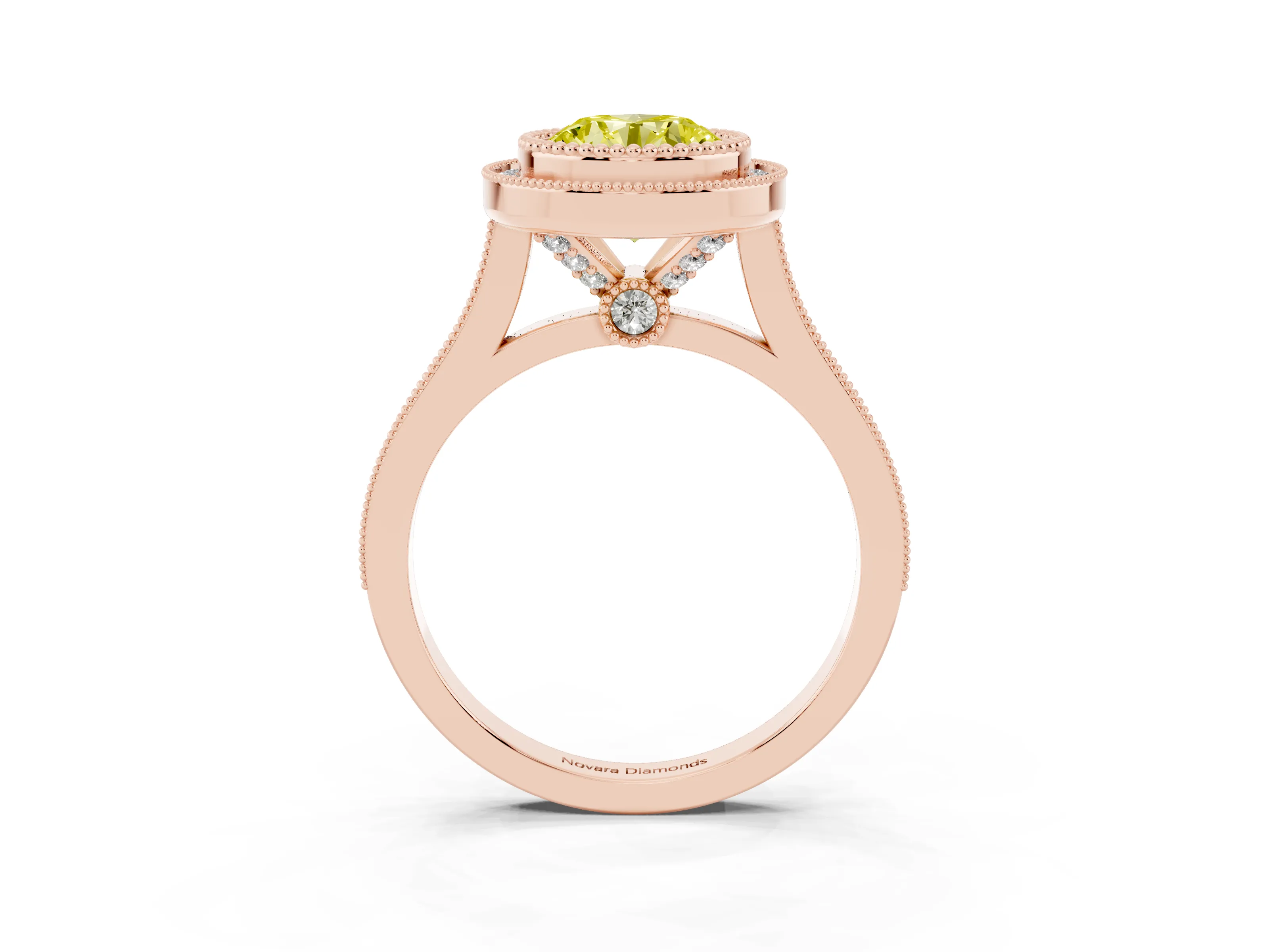 Fancy Yellow Round Cut Diamond Halo Ring Set in Rose gold with Milgrain Frame and Pavé Band