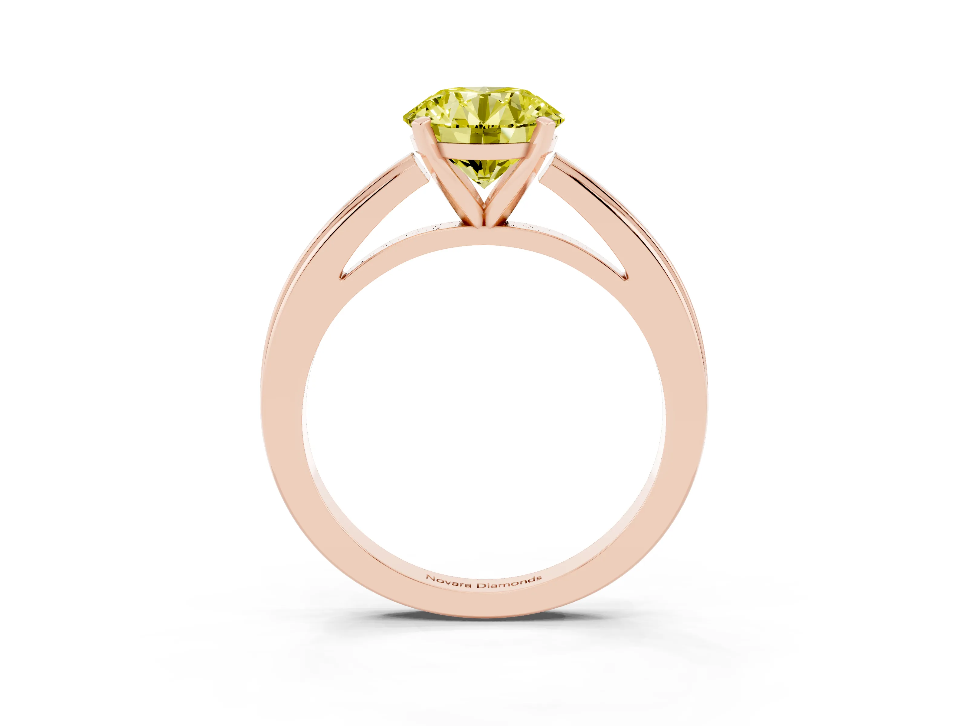 Fancy Yellow Round Cut Diamond Solitaire Ring Set in Rose gold with Prong Setting and Classic Band