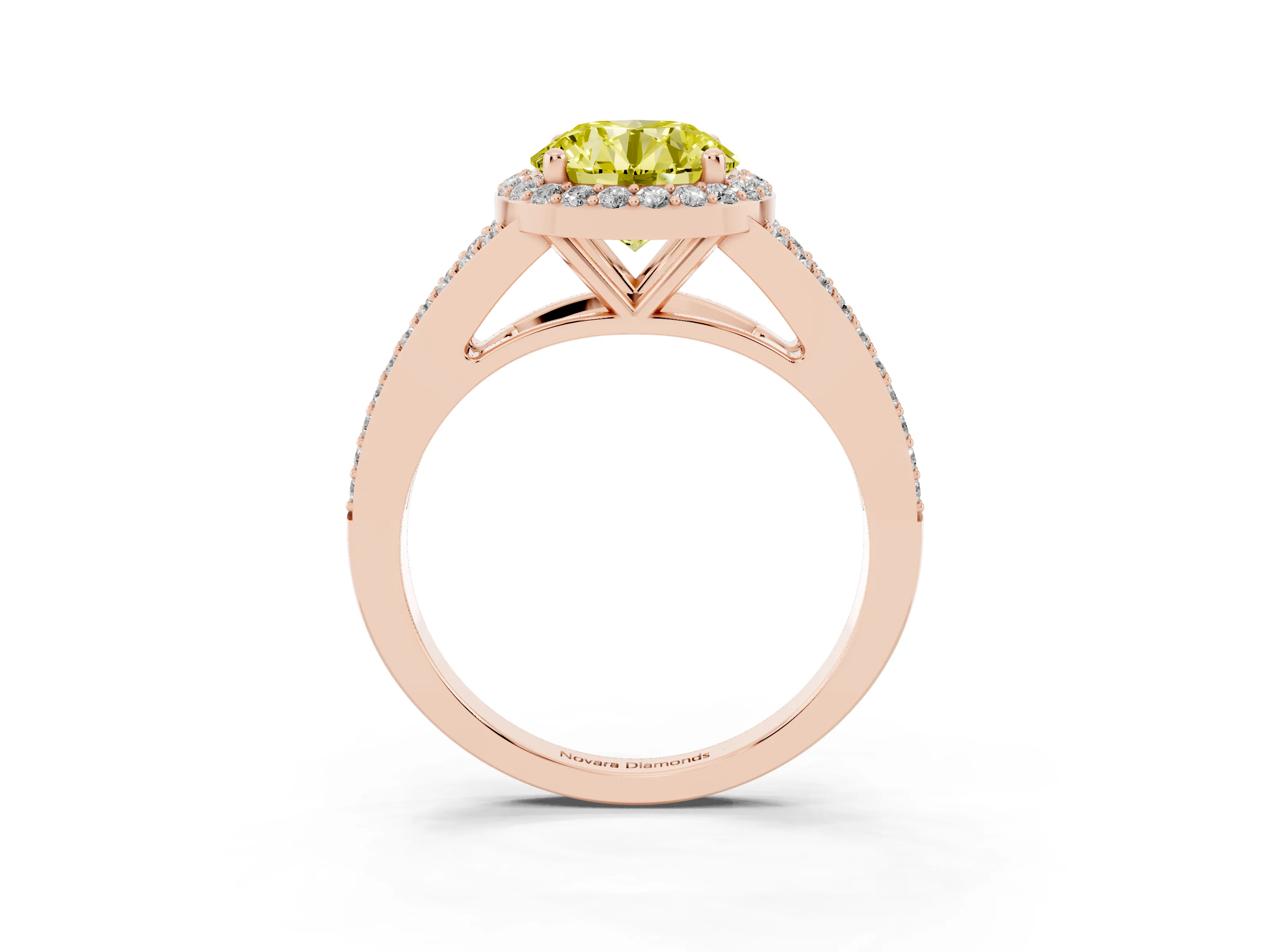 Fancy Yellow Round Cut Diamond Halo Split Shank Pavé Ring Set in Rose gold with Prong Setting