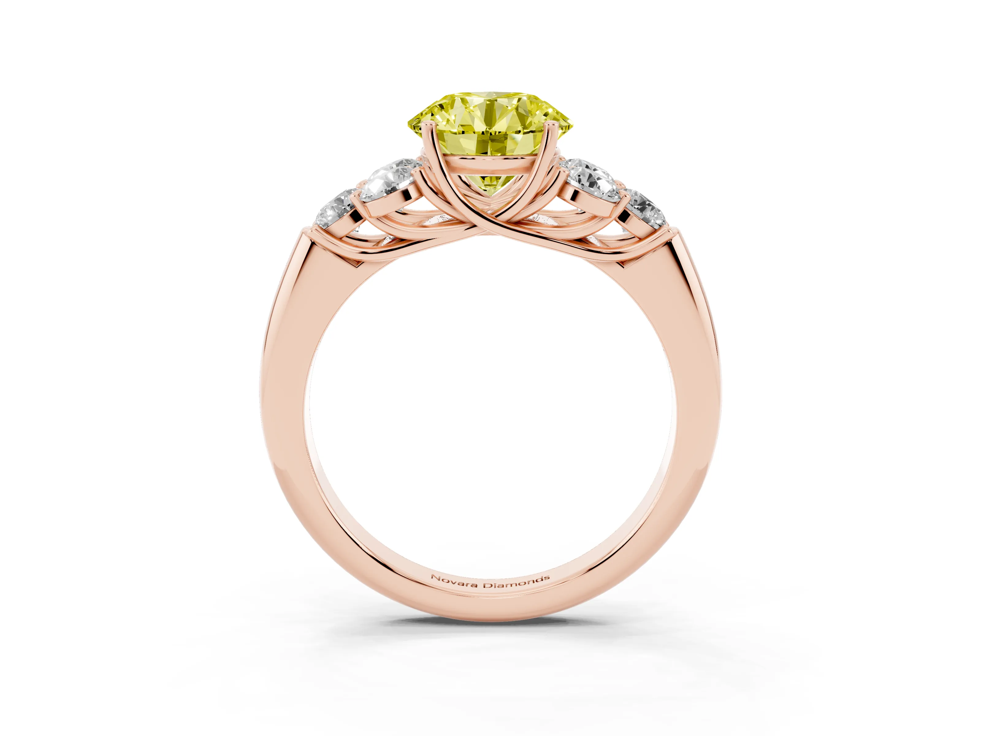 Fancy Yellow Round Cut Diamond Cluster Ring Set in Rose gold with Round Accent Stones and Prong Setting on a Plain Band