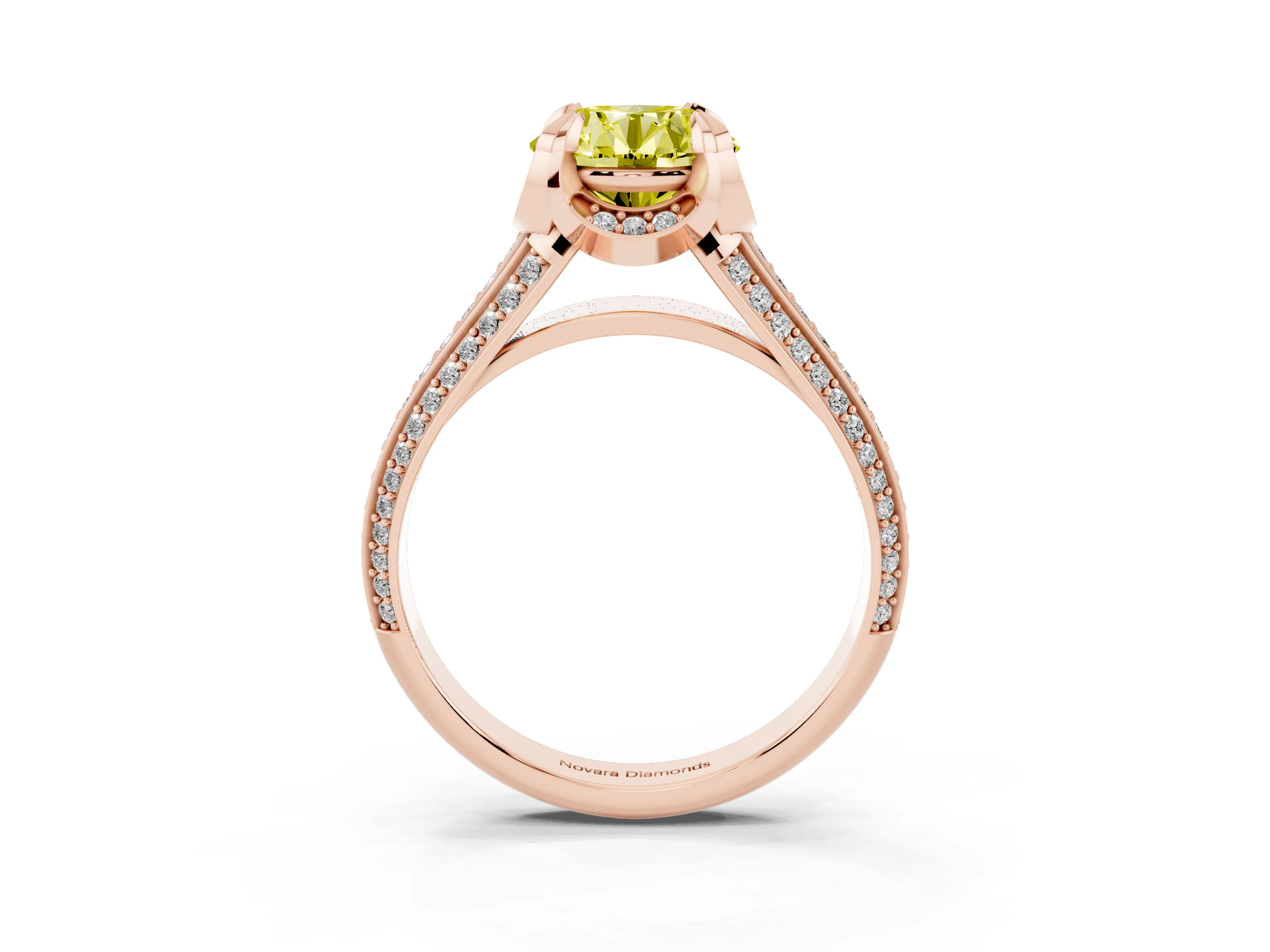 Fancy Yellow Round Cut Diamond Pavé Split Shank Solitaire Ring Set in Rose gold with Prong Setting