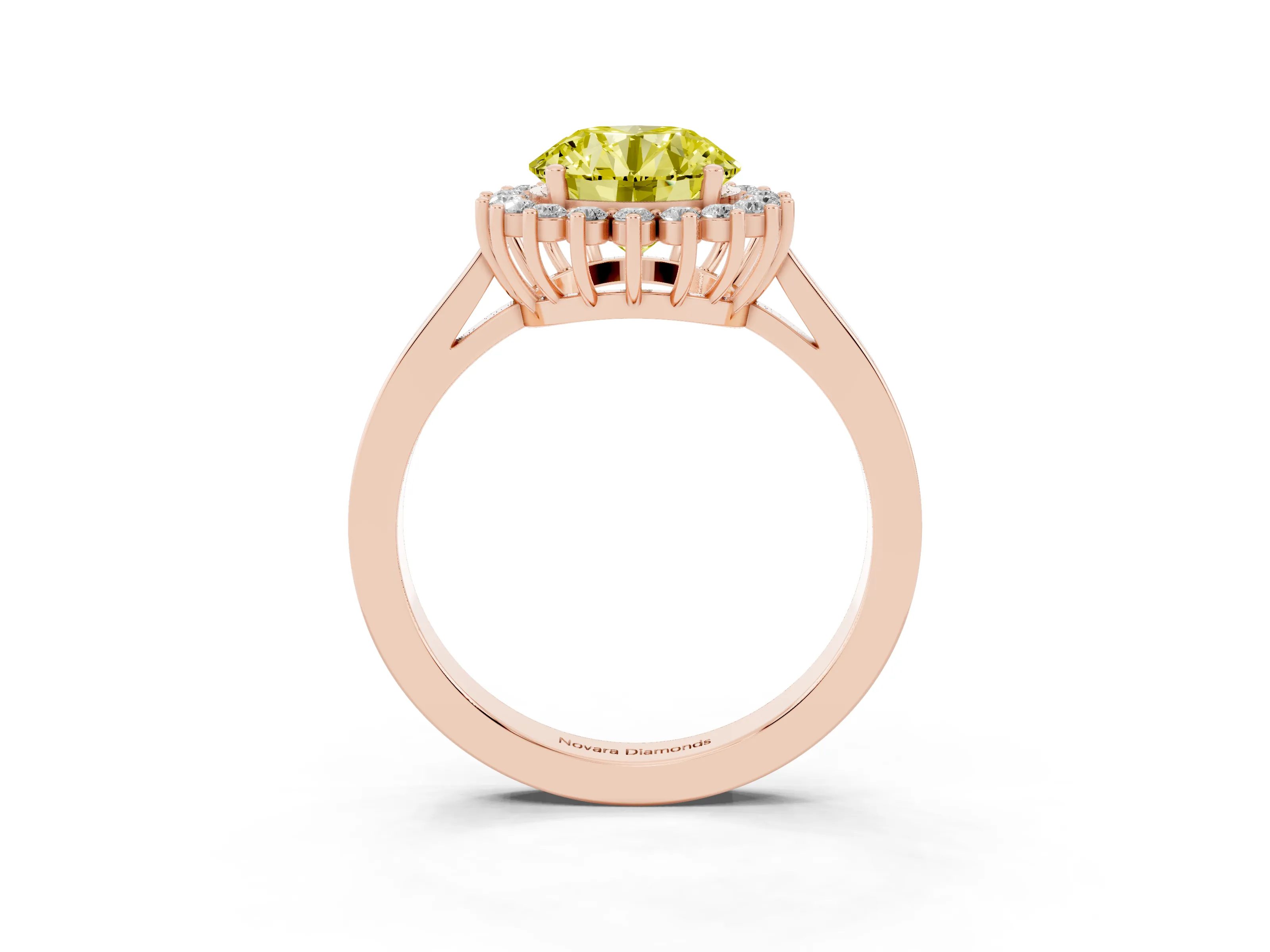 Fancy Yellow Round Cut Diamond Halo Ring Set in Rose gold with Round Halo and Smooth Solitaire Band