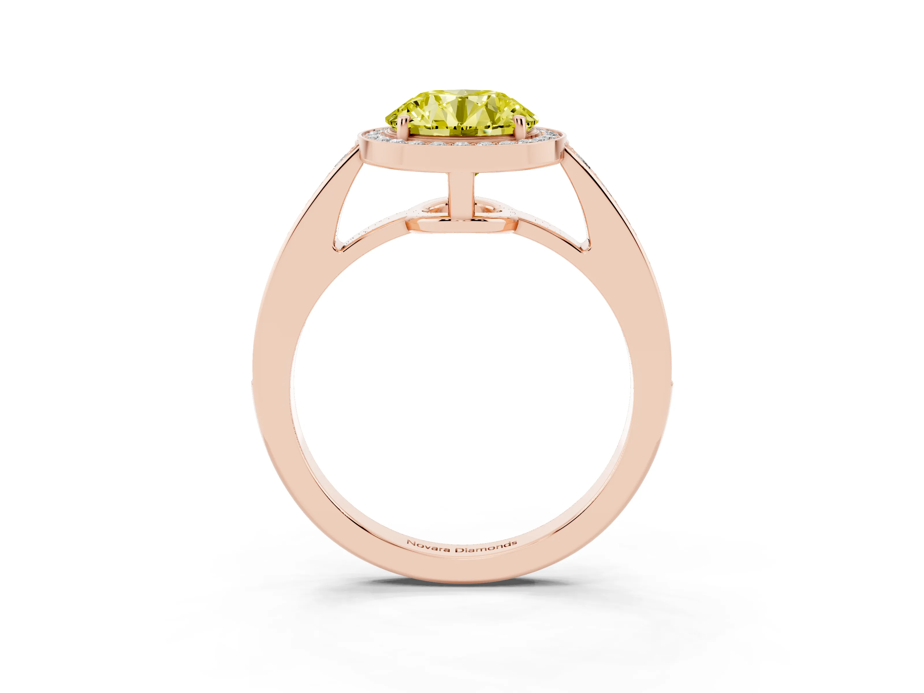 Fancy Yellow Round Cut Diamond Halo Pavé Engagement Ring Set in Rose gold with Bezel Setting